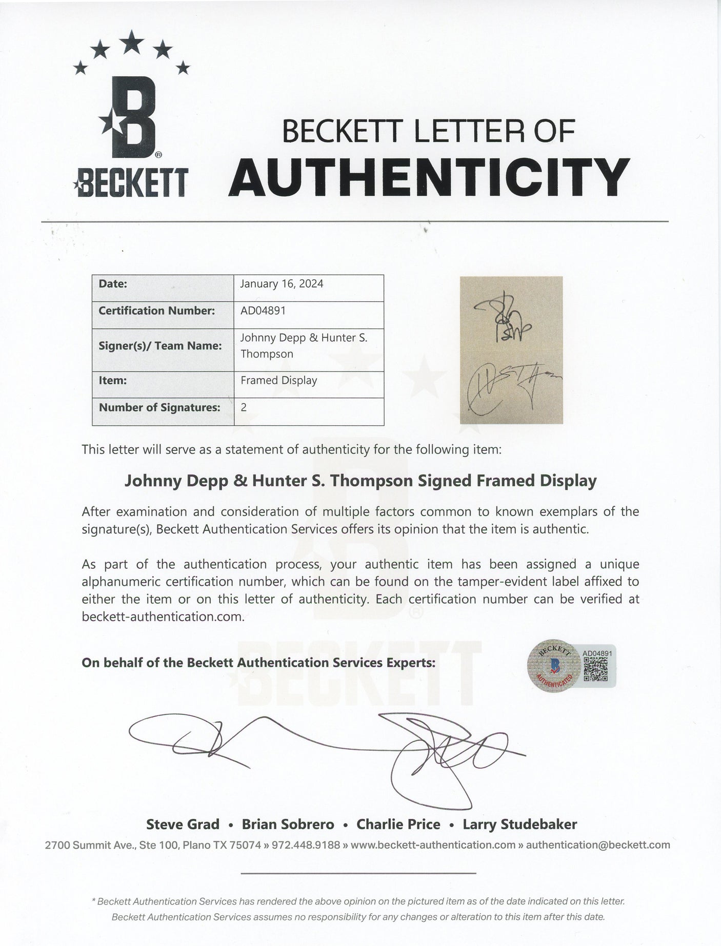 Hunter S. Thompson & Johnny Depp Authentic Signed Framed Display BAS #AD04891