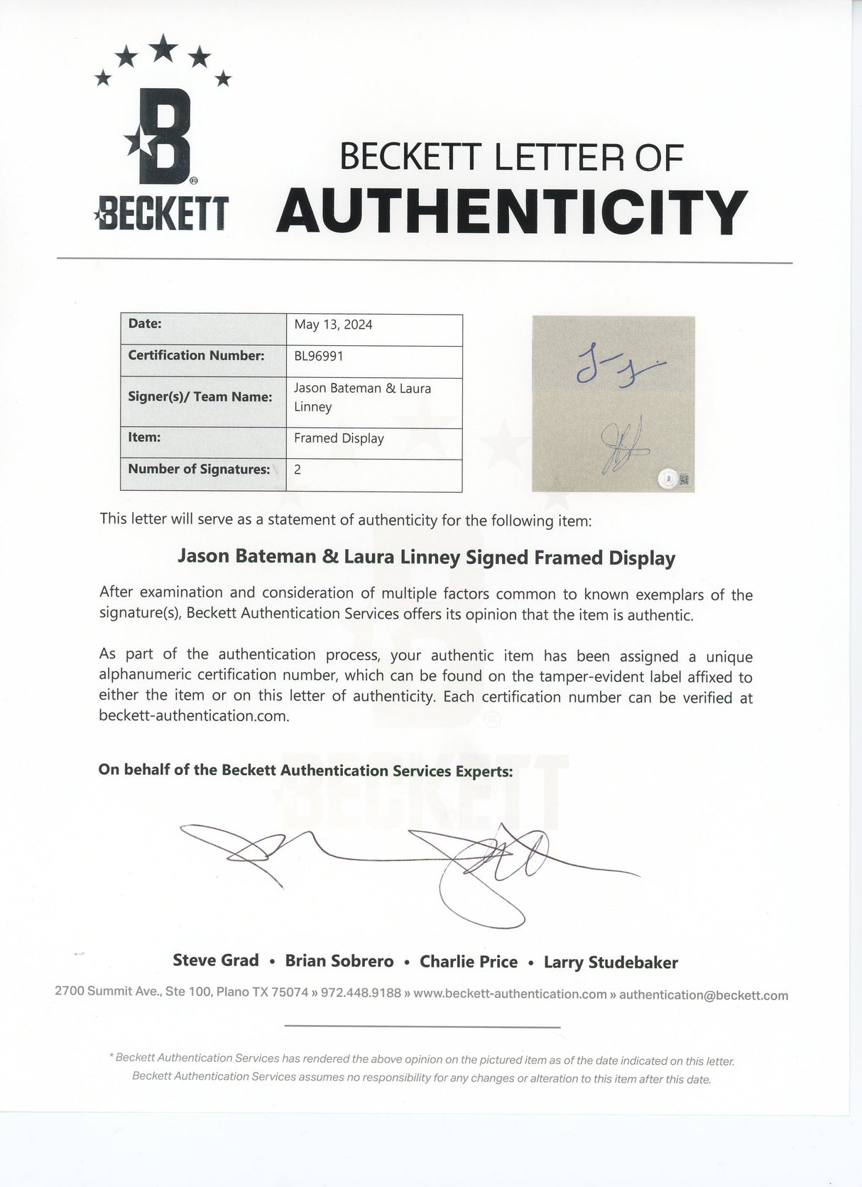 Jason Bateman & Laura Linney Ozark Signed Index Card Framed Display BAS #BL96991