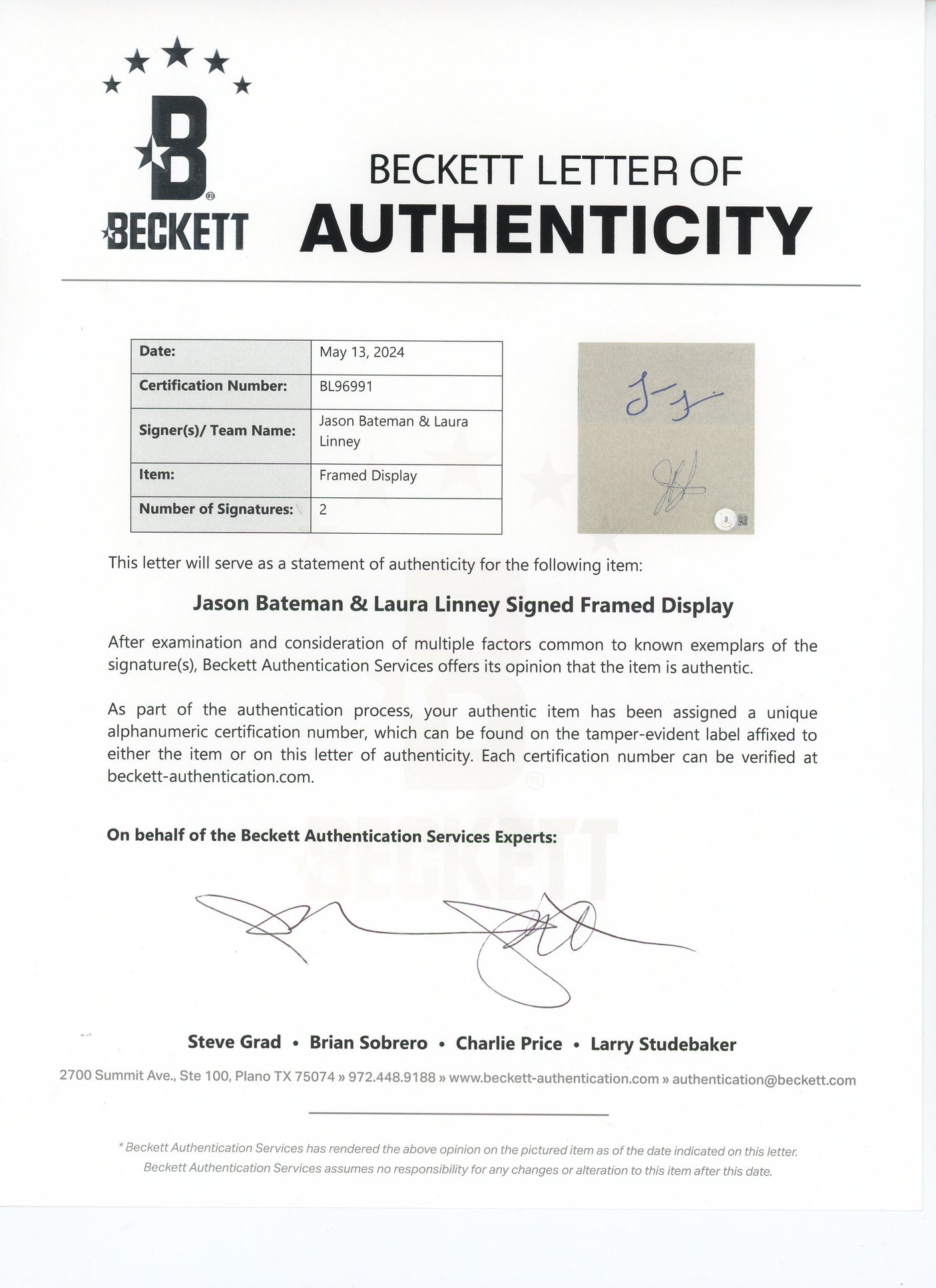 Jason Bateman & Laura Linney Ozark Signed Index Card Framed Display BAS #BL96991