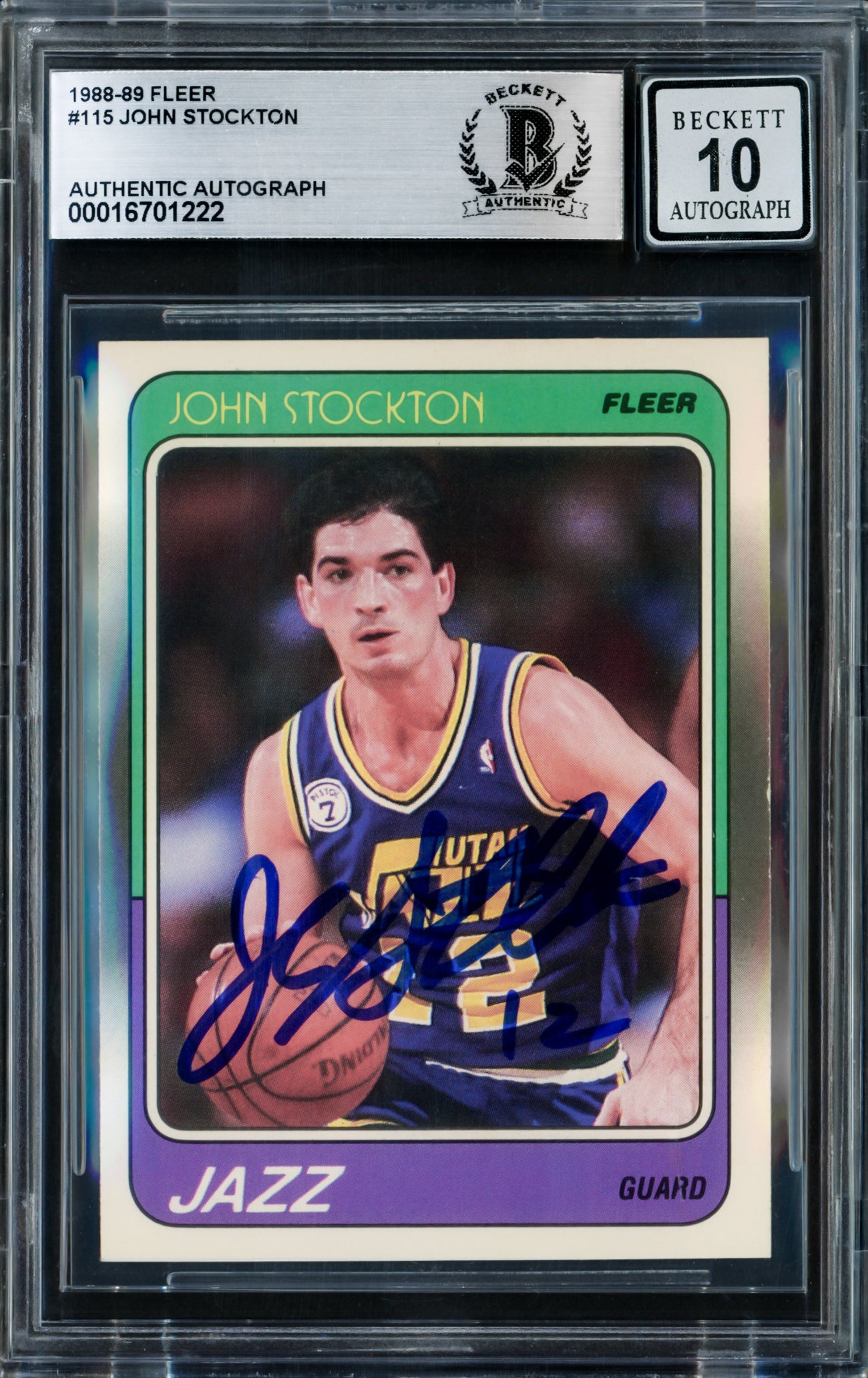 John Stockton Autographed 1988-89 Fleer Rookie Card #115 Utah Jazz Auto Grade Gem Mint 10 Beckett BAS Stock #232721