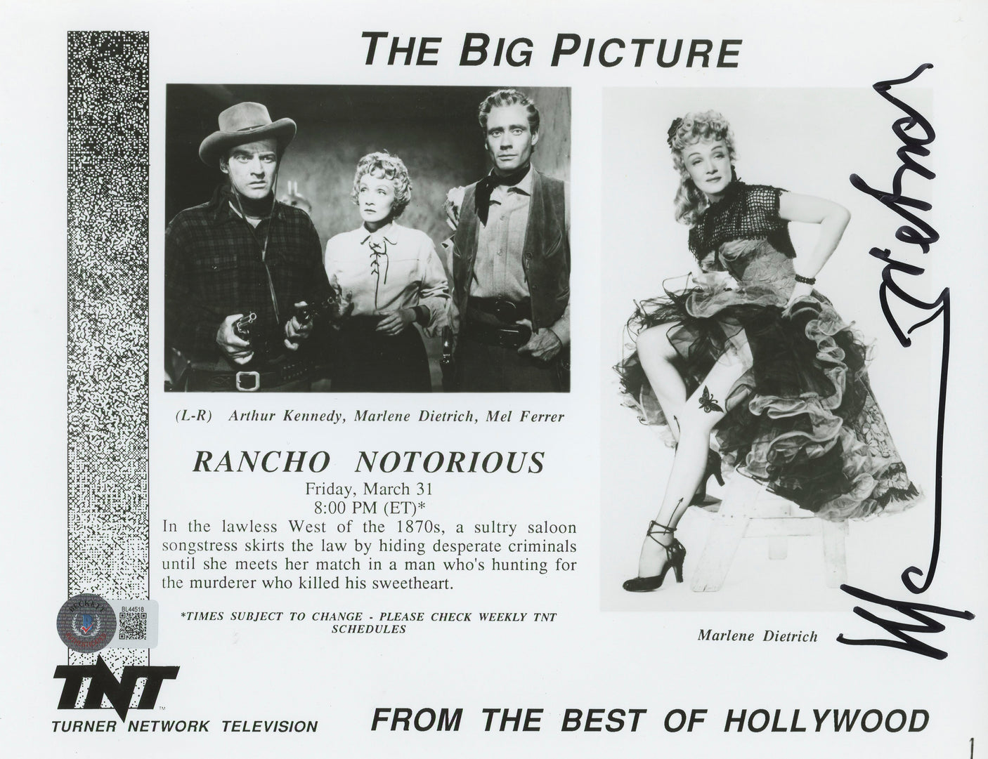 Marlene Dietrich Rancho Notorious Authentic Signed 8x10.25 Photo BAS #BL44518