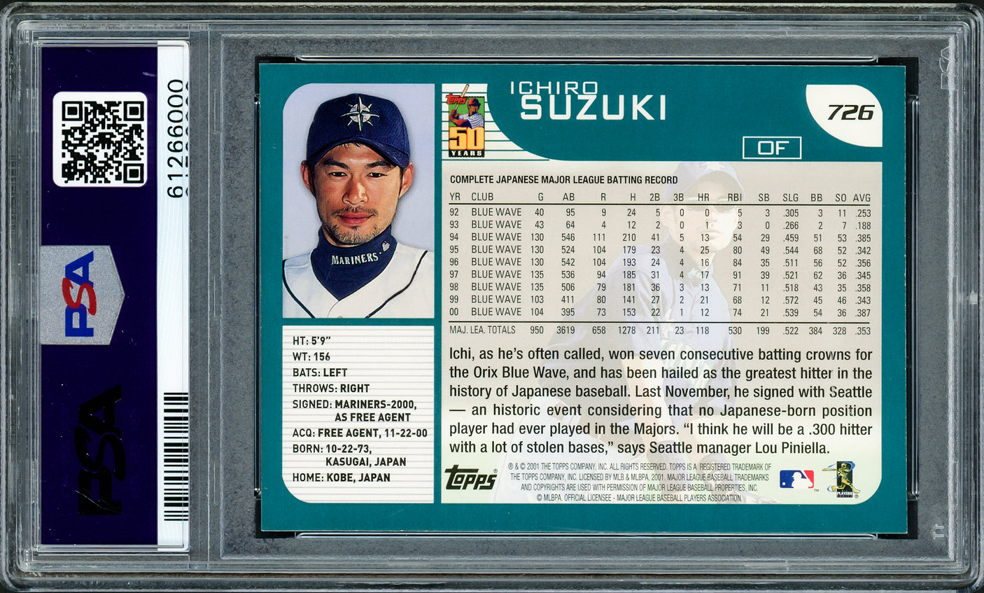 Ichiro Suzuki Autographed 2001 Topps Rookie Card #726 Seattle Mariners PSA 9 PSA/DNA Stock #220861