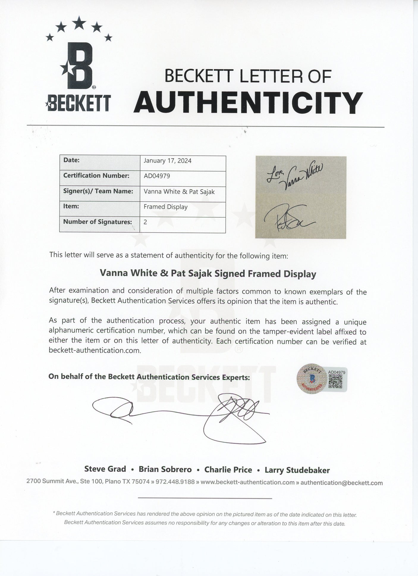 Vanna White & Pat Sajak Wheel of Fortune Signed Framed Display BAS #AD04979