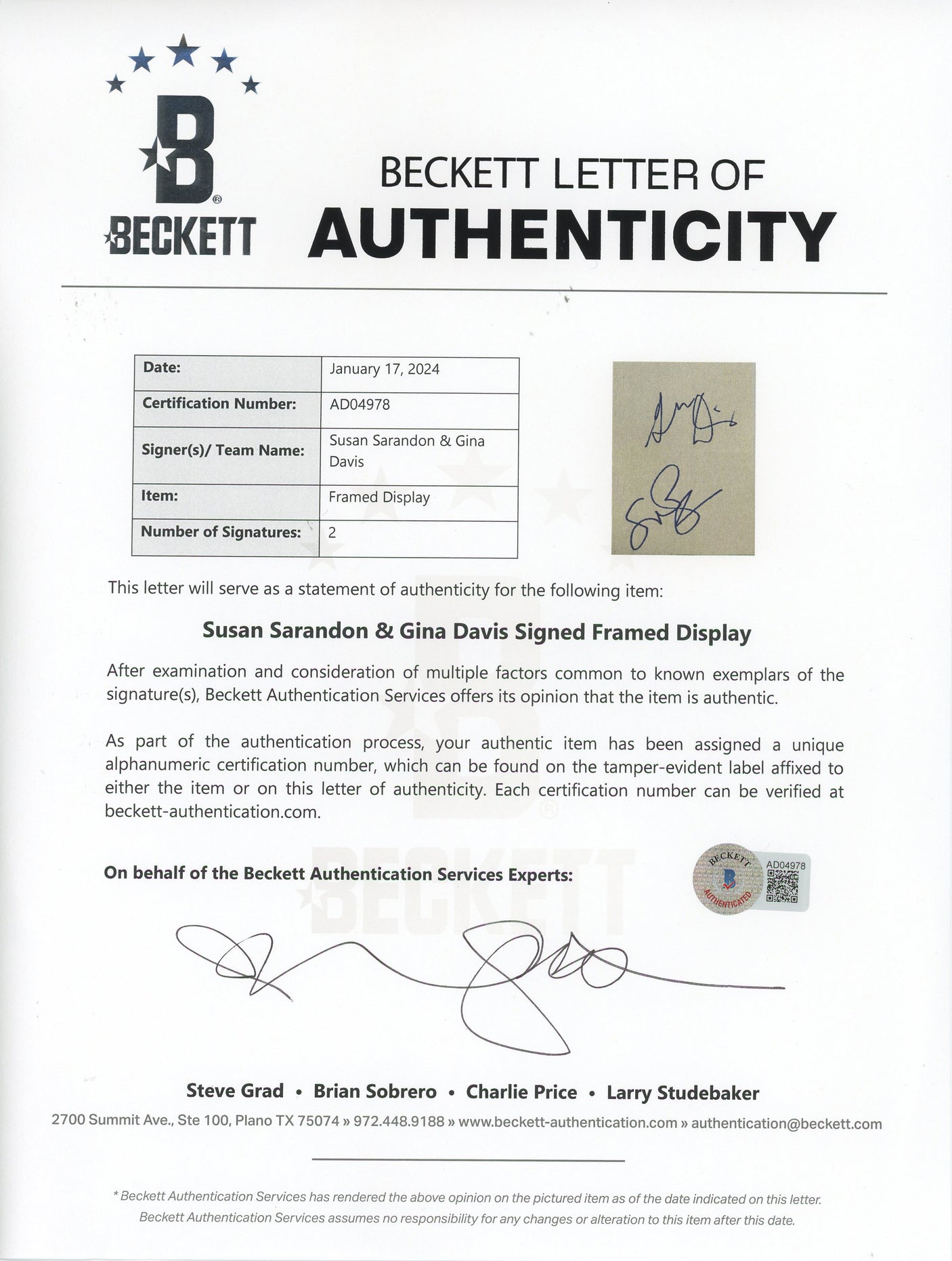 Susan Sarandon & Geena Davis Thelma & Louise Signed Framed Display BAS #AD04978