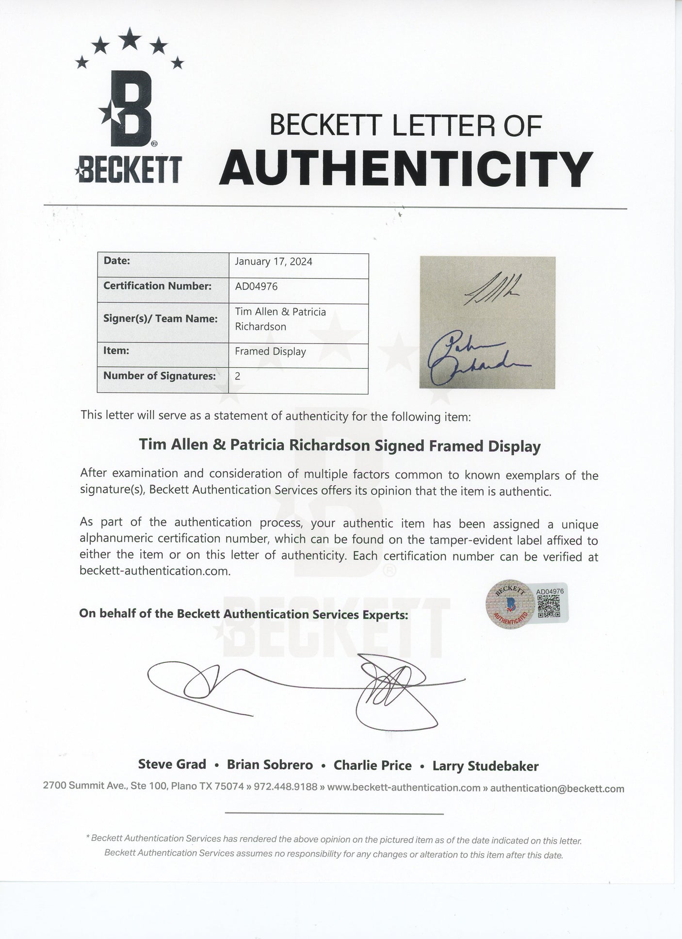 Tim Allen & Patricia Richardson Home Improvement Signed Framed Display BAS LOA