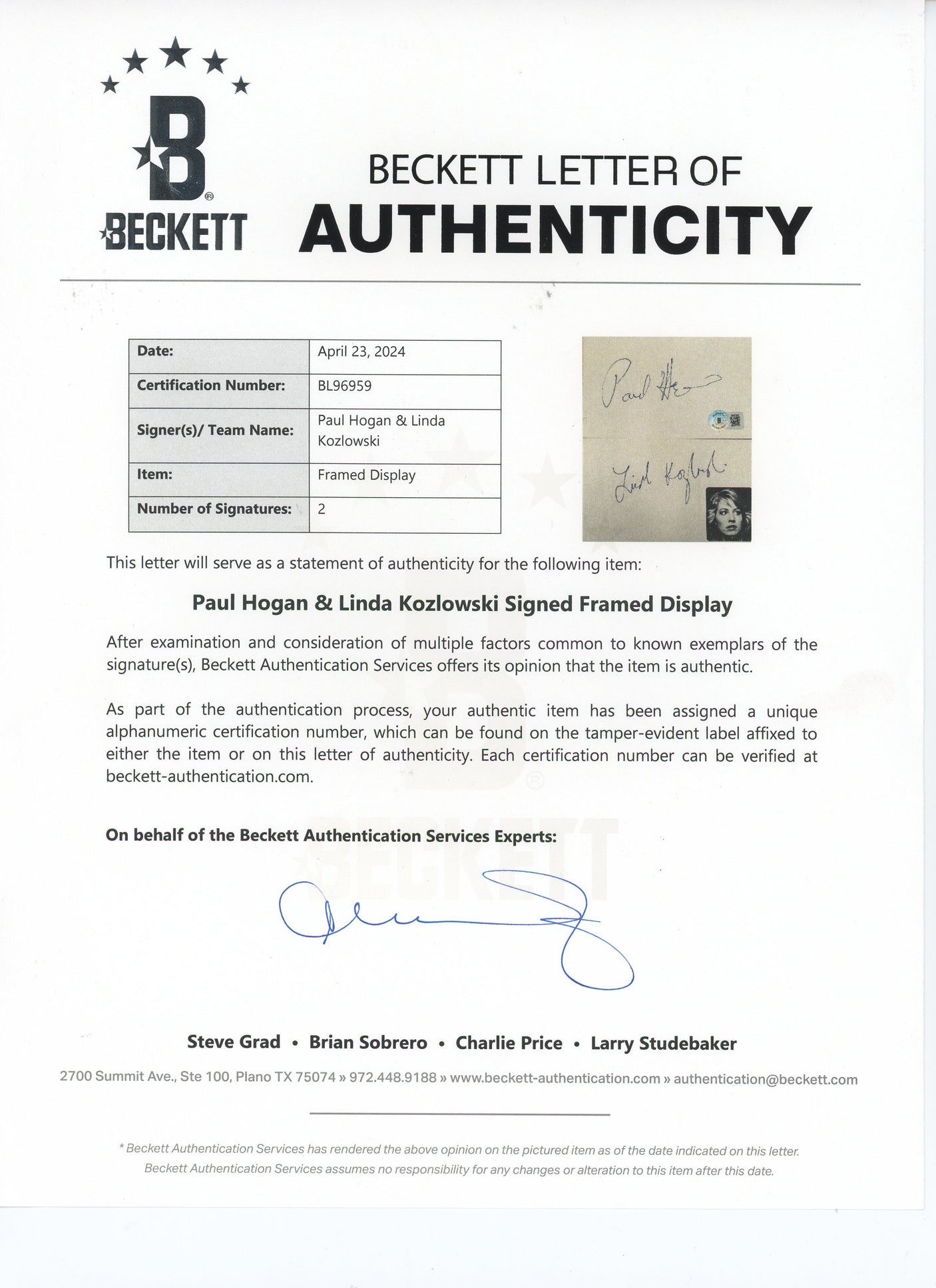 Paul Hogan & Linda Kozlowski Crocodile Dundee Signed Framed Display BAS #BL96959