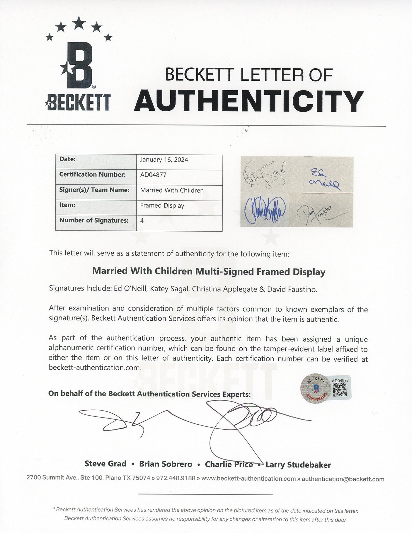 Married With Children (4) O'Neill, Sagal +2 Signed Framed Display BAS #AD04877