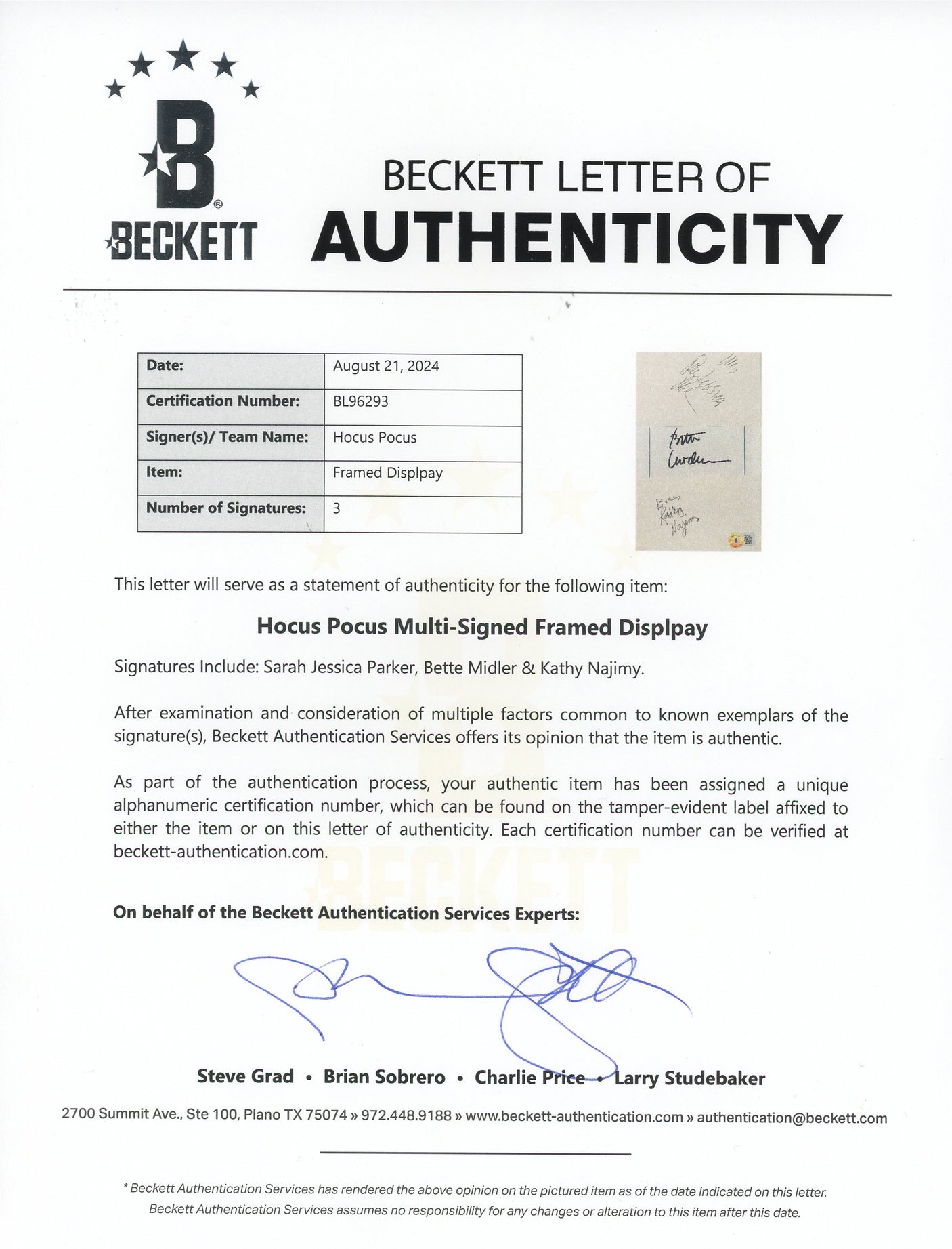 Hocus Pocus (3) Parker, Midler & Najimy Signed Framed Display BAS #BL96293