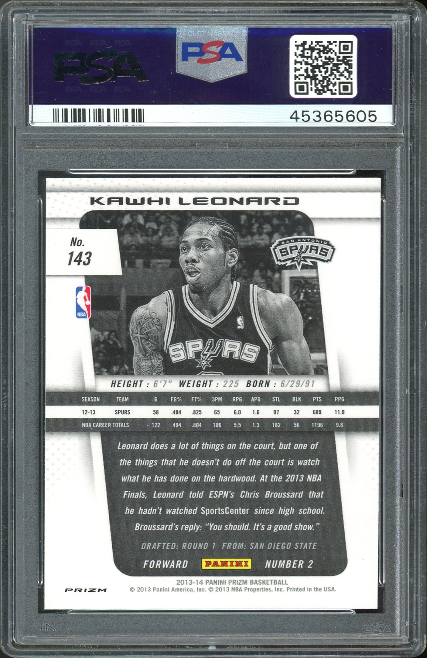 Spurs Kawhi Leonard 2013 Panini Prizm #143 Rookie Card Gem Mint 10! PSA Slabbed