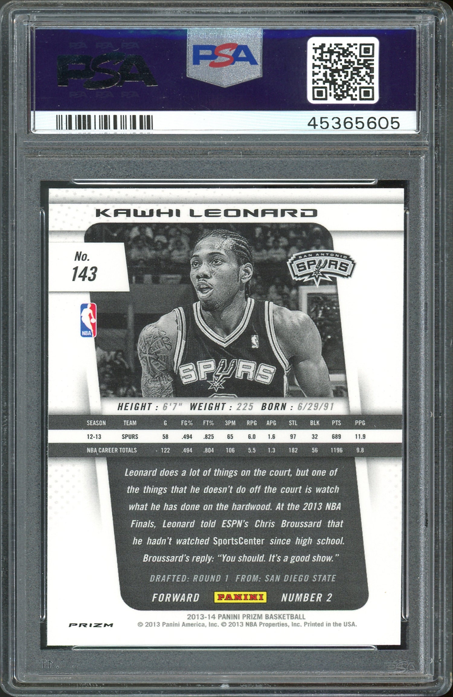 Spurs Kawhi Leonard 2013 Panini Prizm #143 Rookie Card Gem Mint 10! PSA Slabbed