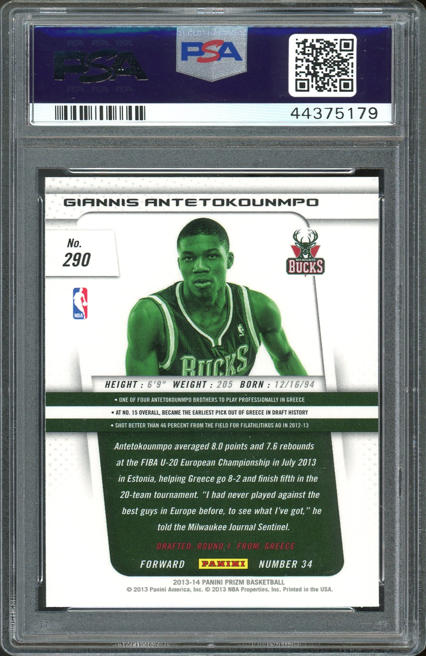 Giannis Antetokounmpo 2013 Panini Prizm #290 Rookie Card Gem Mint 10 PSA Slabbed