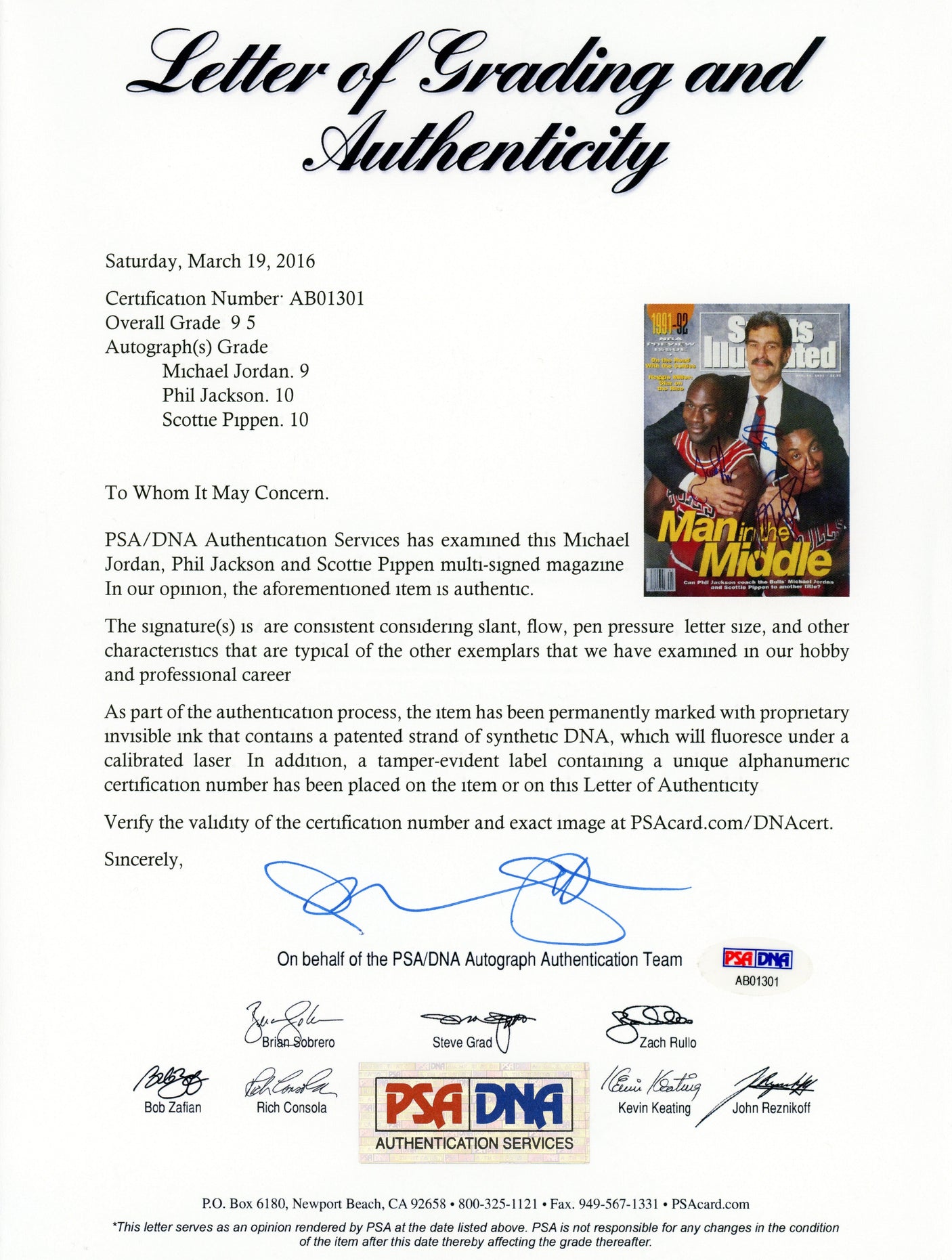 Jordan, Pippen, Jackson Autographed BGS 1991 Sports Illustrated Magazine - PSA/DNA