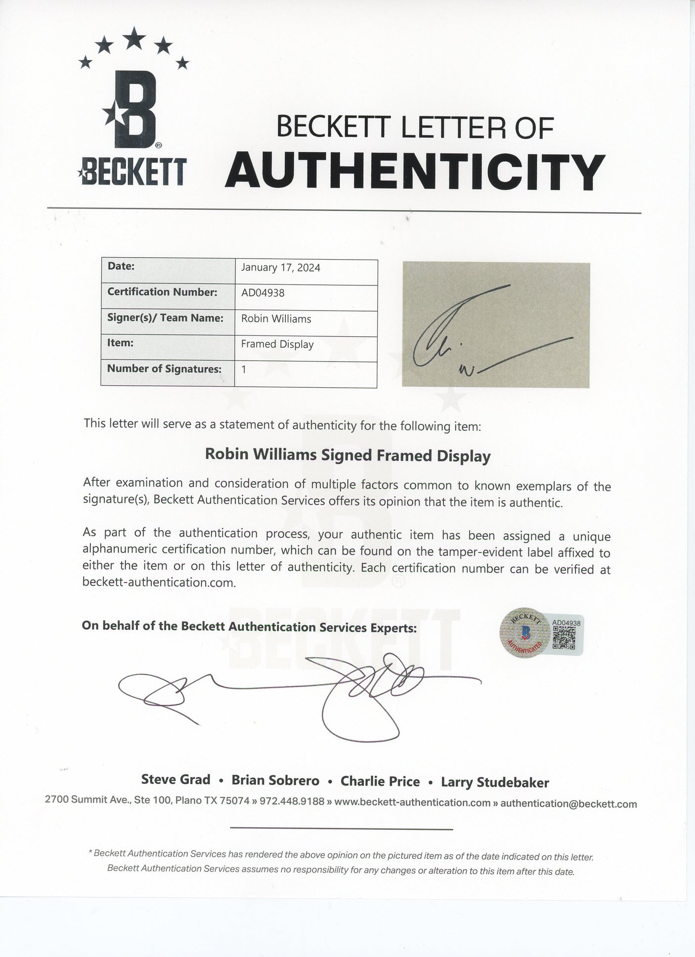 Robin Williams & Sally Field Mrs. Doubtfire Signed Framed Display BAS & PSA