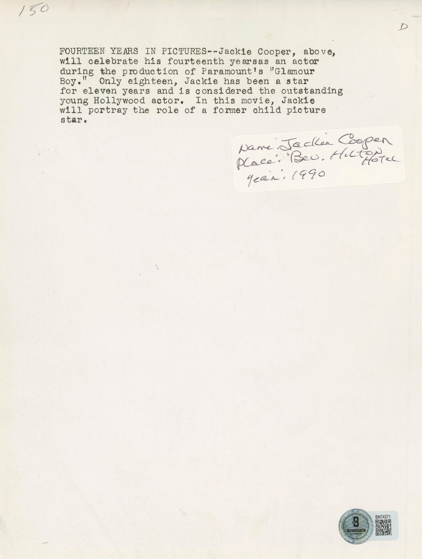 Jackie Cooper Superman "Best Always" Authentic Signed 7.5x10 Photo BAS #BN74371