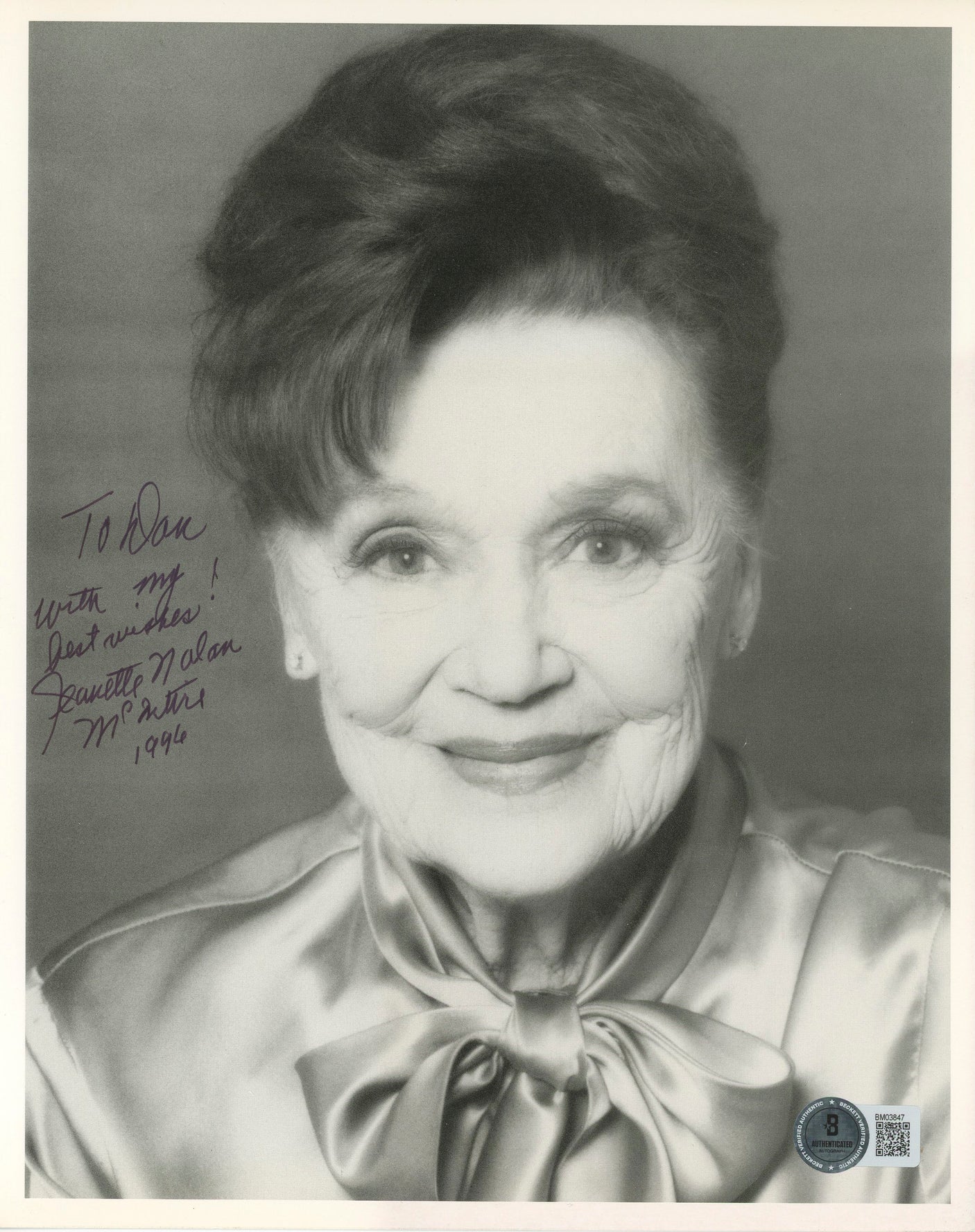 Jeanette Nolan The Big Heat Best Wishes Authentic Signed 8x10 Photo BAS #BM03847