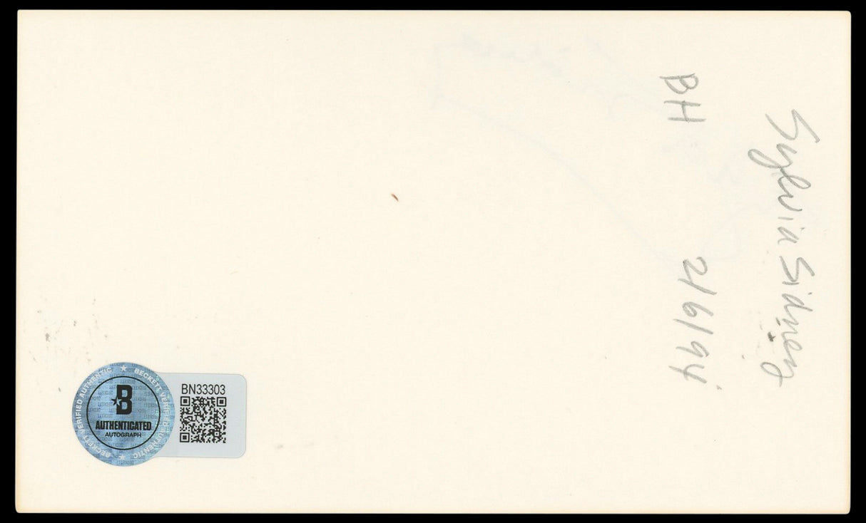 Sylvia Sidney Summer Wishes, Winter Dreams Signed 3x5 Index Card BAS #BN33303