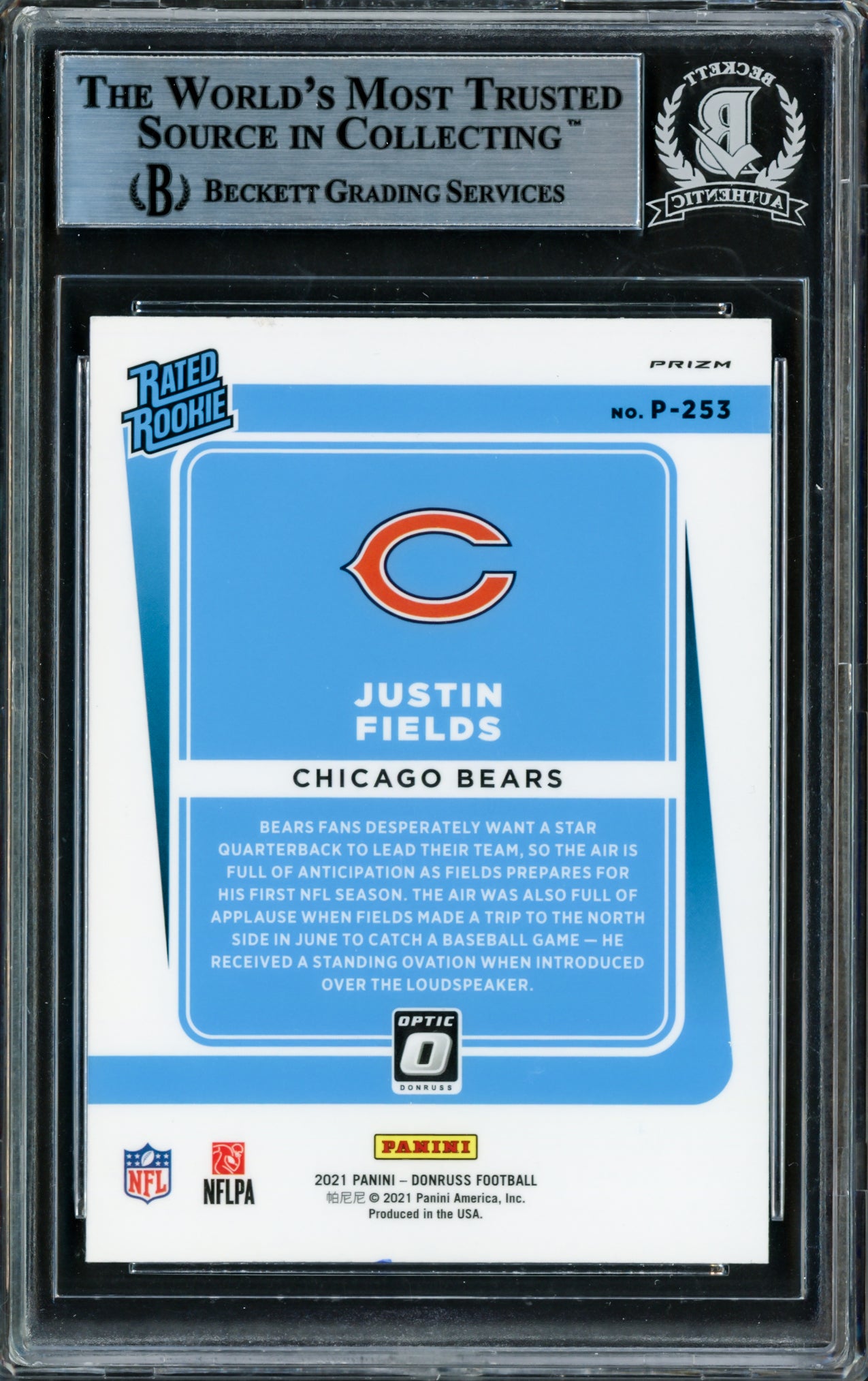 Justin Fields Autographed 2021 Donruss Optic Pink Prizm Preview Card #P-253 Chicago Bears Beckett BAS Stock #210115