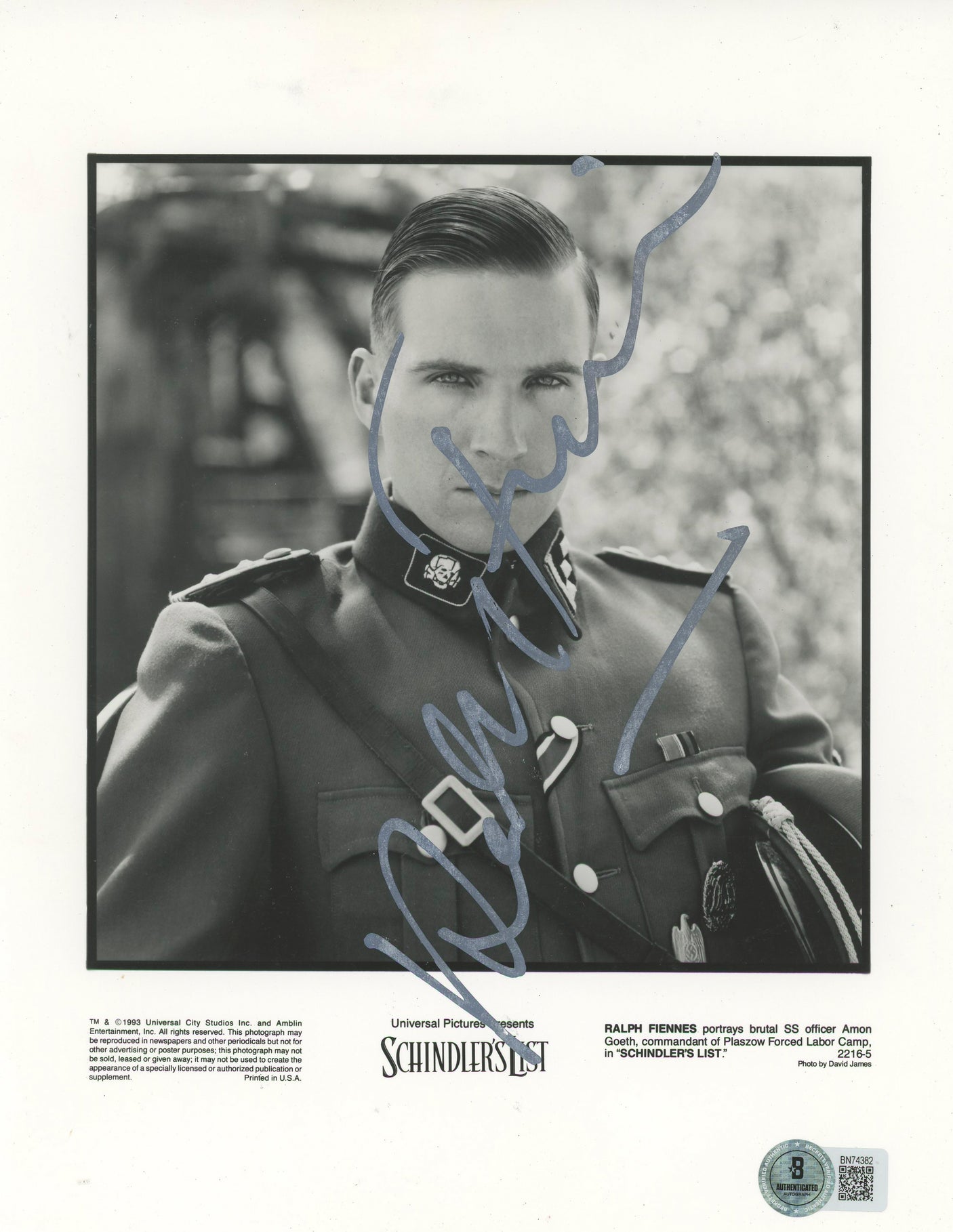 Ralph Fiennes Schindler's List Authentic Signed 8x10 Photo BAS #BN74382