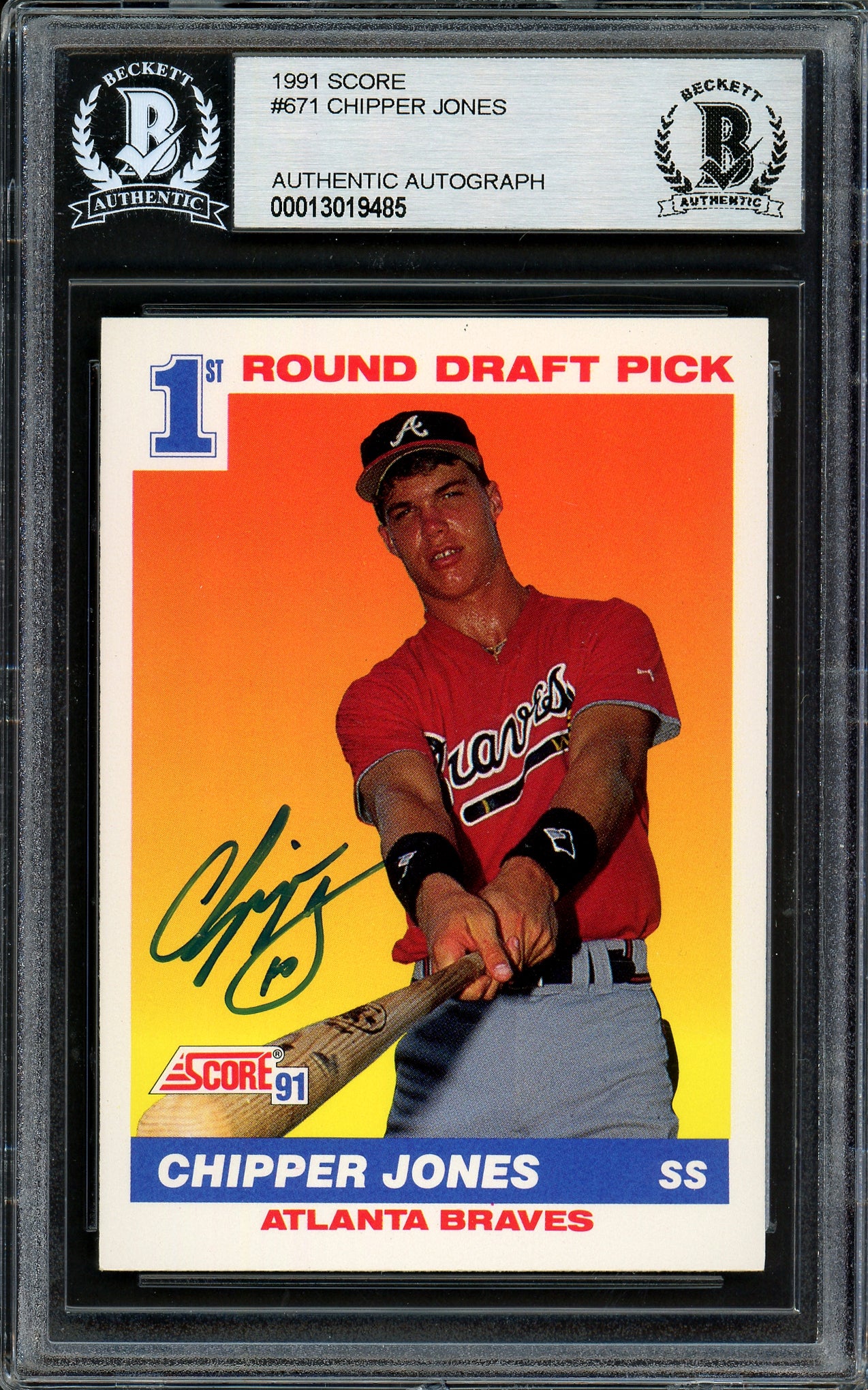 Chipper Jones Autographed 1991 Score Rookie Card #671 Atlanta Braves Beckett BAS Stock #195166