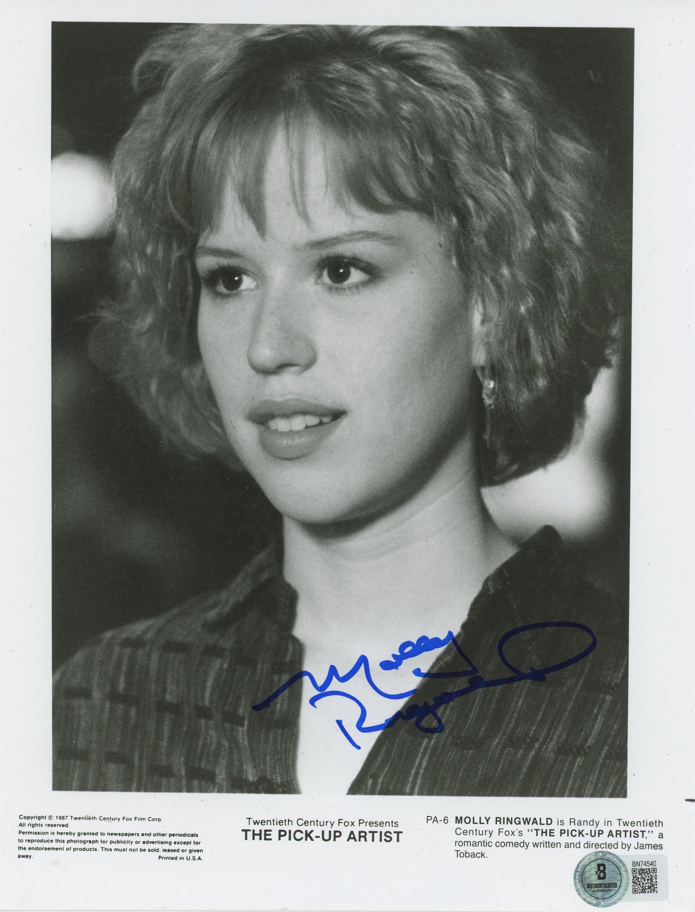 Molly Ringwald The Pick-up Artist Authentic Signed 8x10 Photo BAS #BN74540