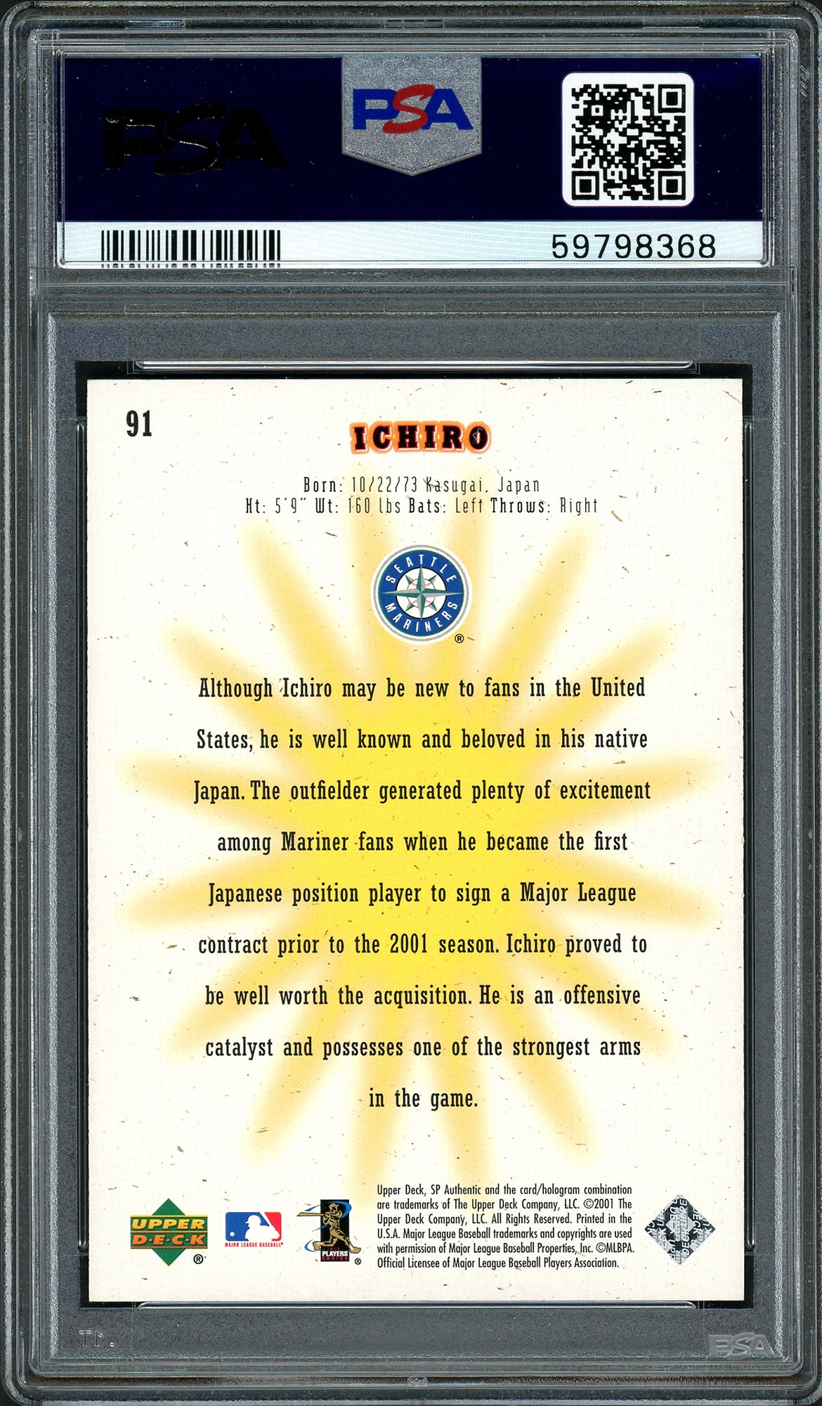Ichiro Suzuki Autographed 2001 SP Authentic Rookie Card #91 Seattle Mariners PSA 8 Auto Grade Gem Mint 10 "01 ROY/MVP" #31/1250 PSA/DNA #59798368