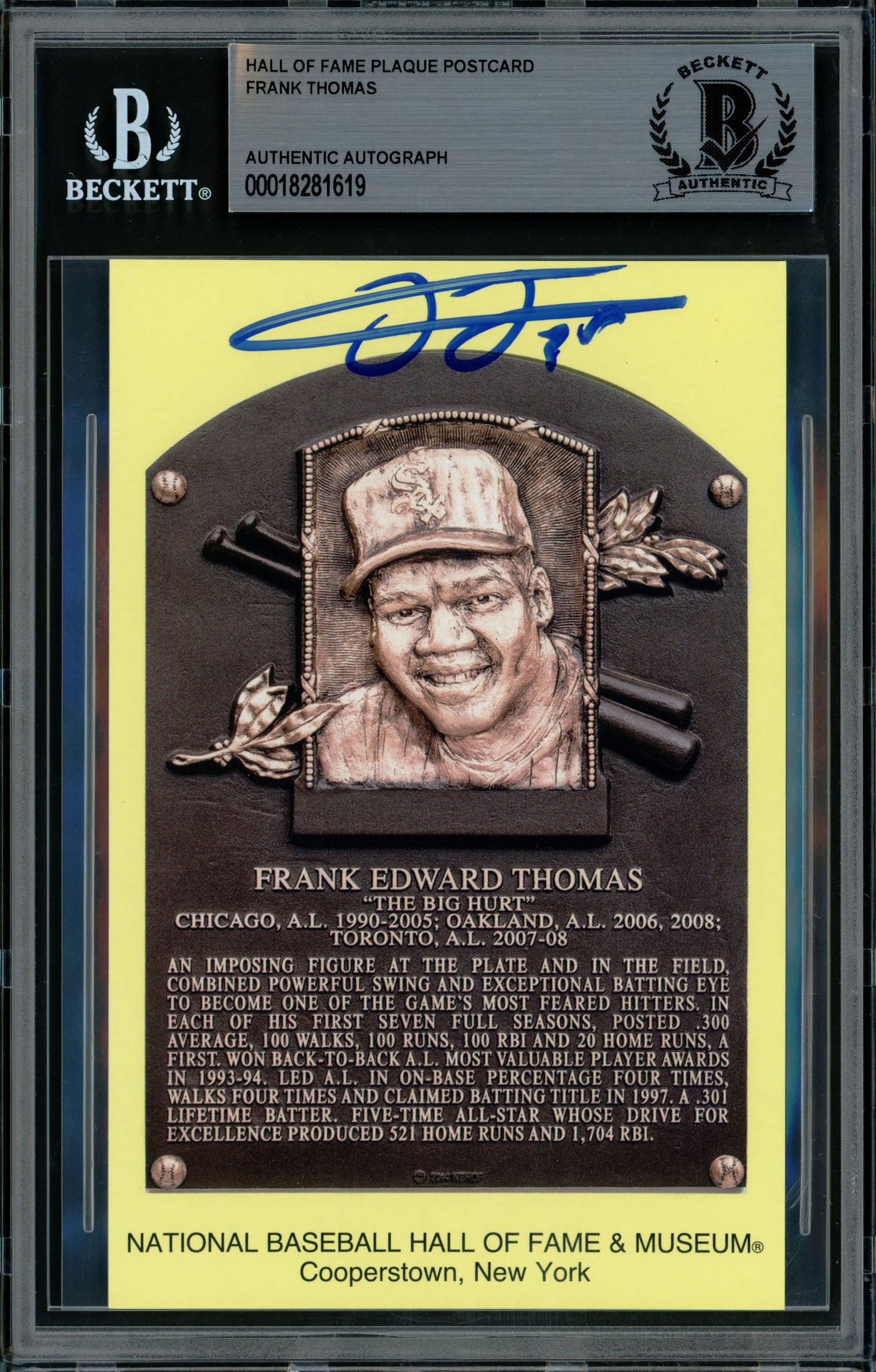 Frank Thomas Autographed Hall of Fame HOF Plaque Postcard Chicago White Sox Beckett BAS Stock #185248