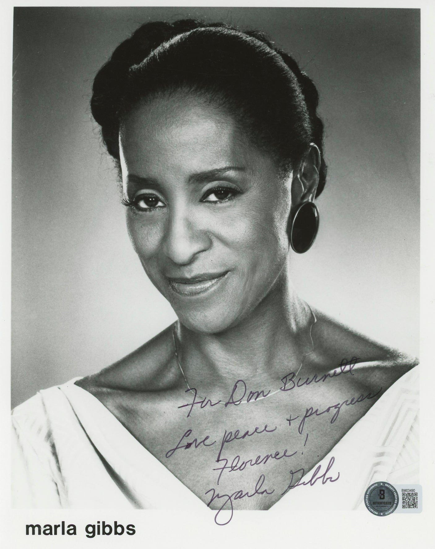 Marla Gibbs The Jeffersons "Love Peace " Signed 8x10 Photo BAS #BM03490