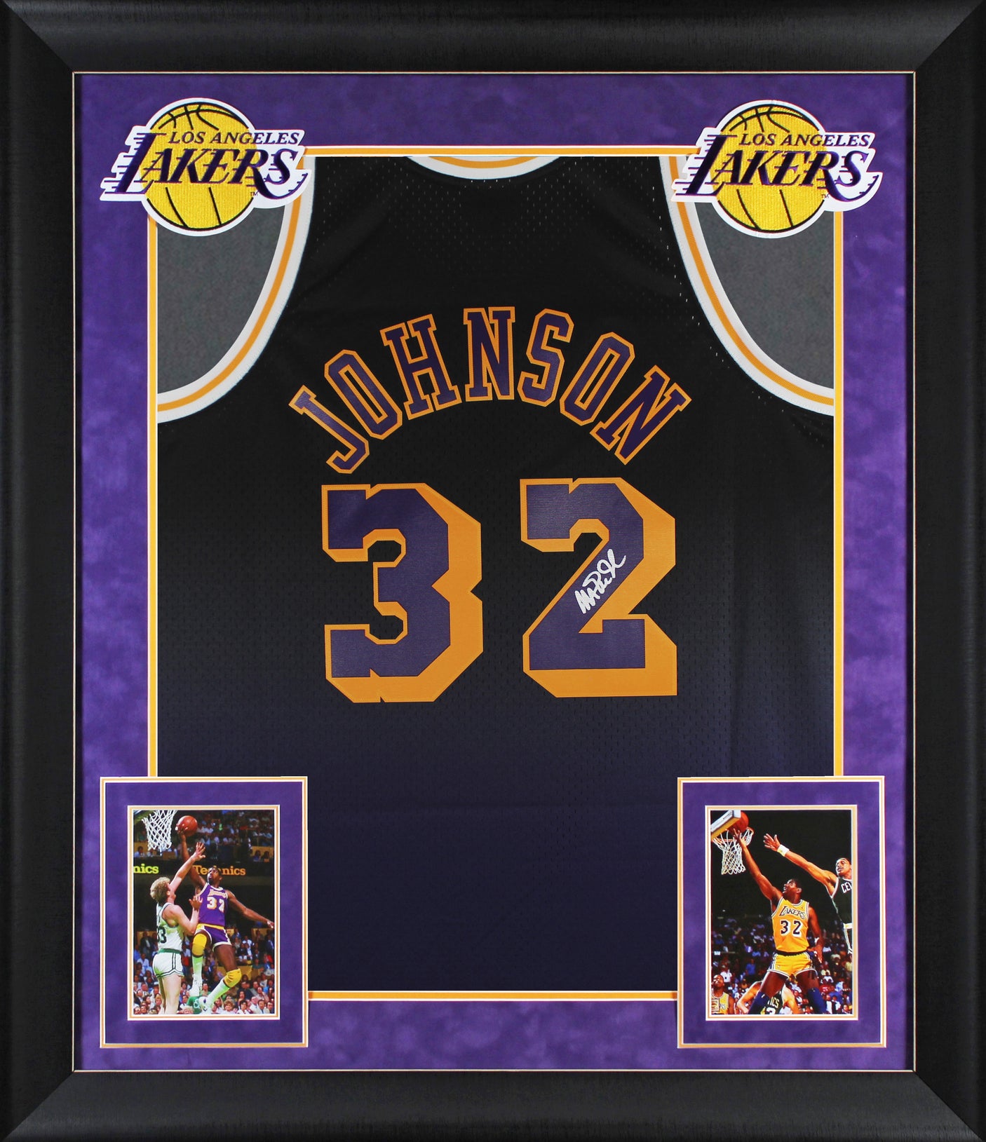 Lakers Magic Johnson Signed Black Two-Tone M&N HWC Swingman Framed Jersey BAS W