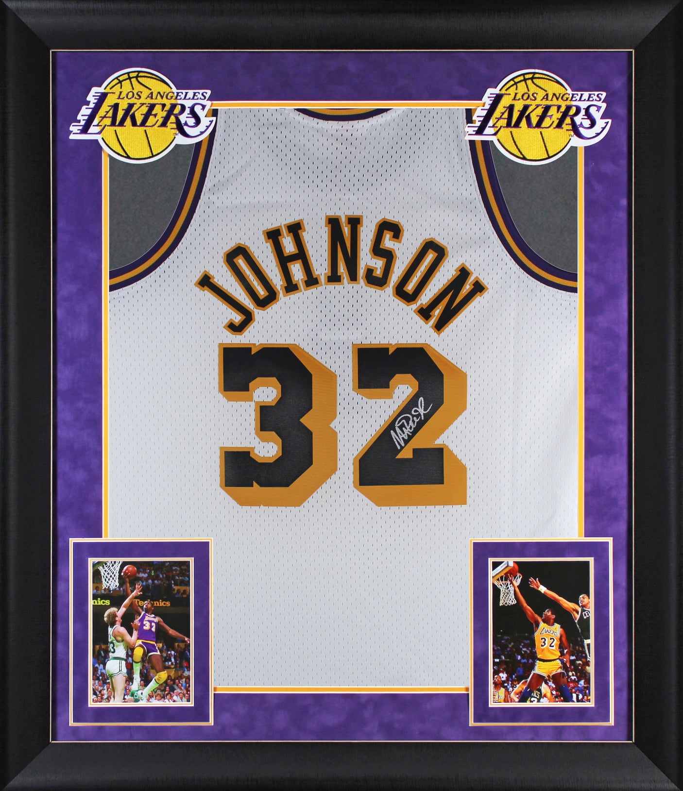 Lakers Magic Johnson Signed White M&N 1984-85 HWC Swingman Framed Jersey BAS Wit