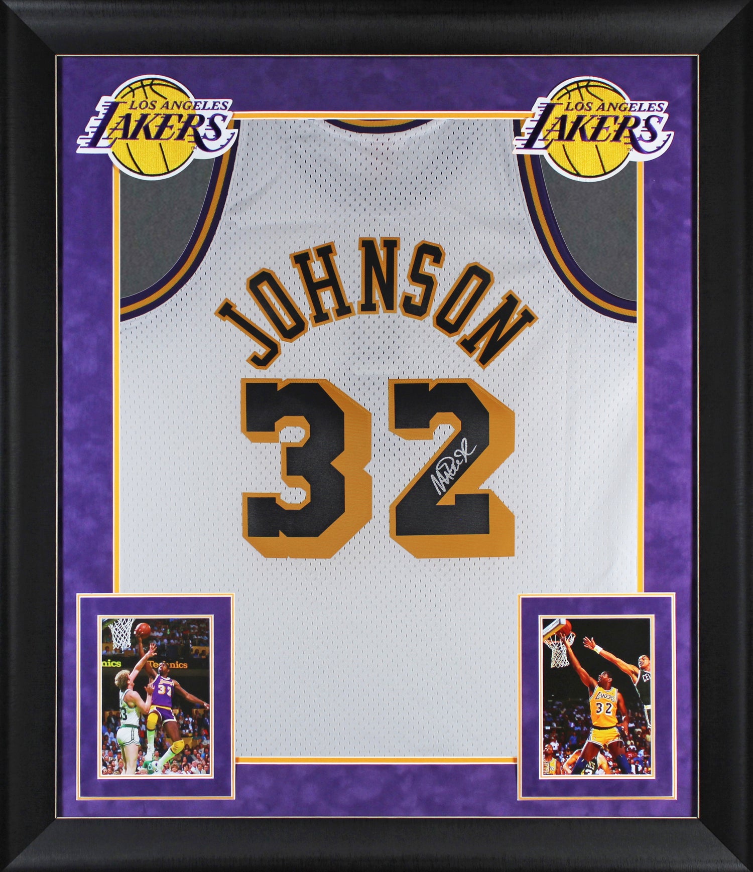 Lakers Magic Johnson Signed White M&N 1984-85 HWC Swingman Framed Jersey BAS Wit