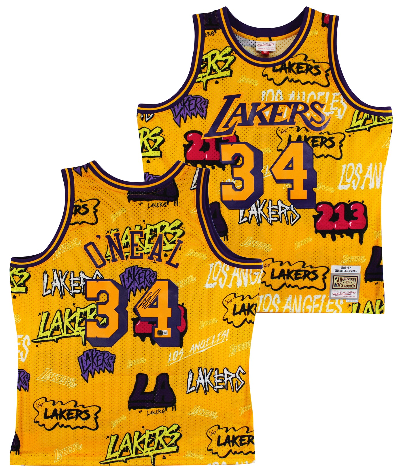 Lakers Shaquille O'Neal Signed Alt Yellow M&N 1996-97 HWC Swingman Jersey BAS W