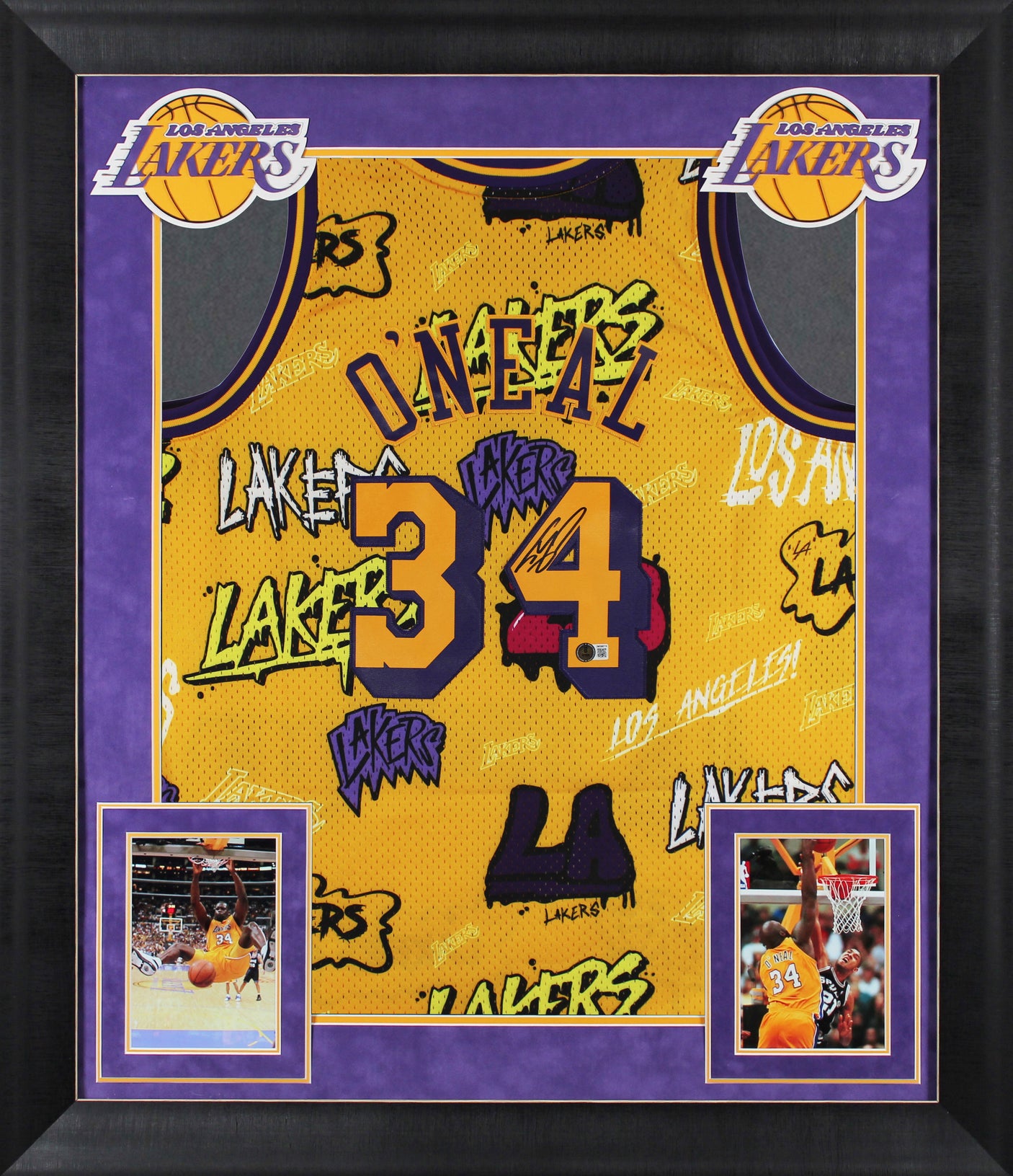 Lakers Shaquille O'Neal Signed Alt Yellow M&N HWC Swingman Framed Jersey BAS Wit