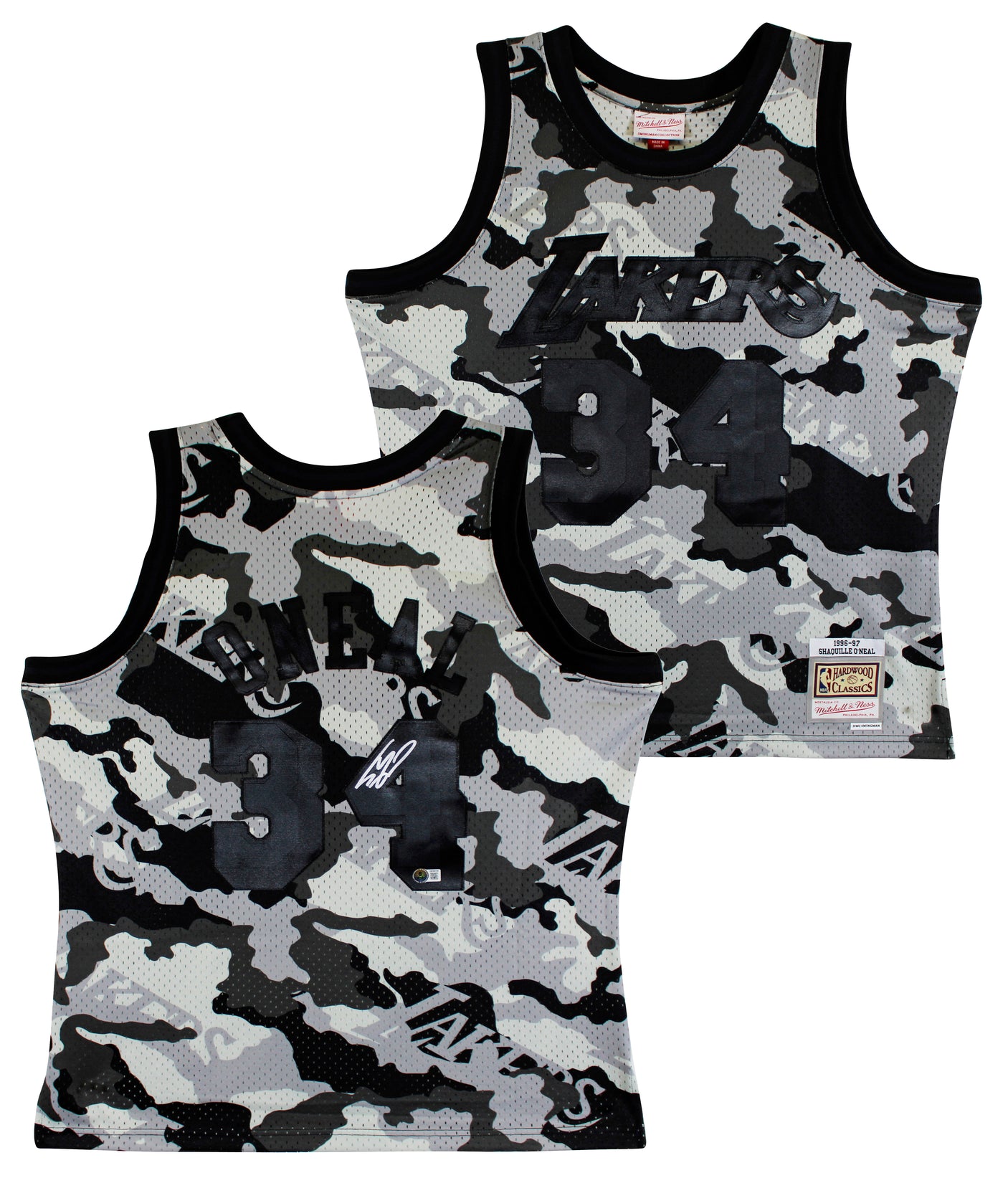 Lakers Shaquille O'Neal Signed Alt Camo M&N 1996-97 HWC Swingman Jersey BAS Wit
