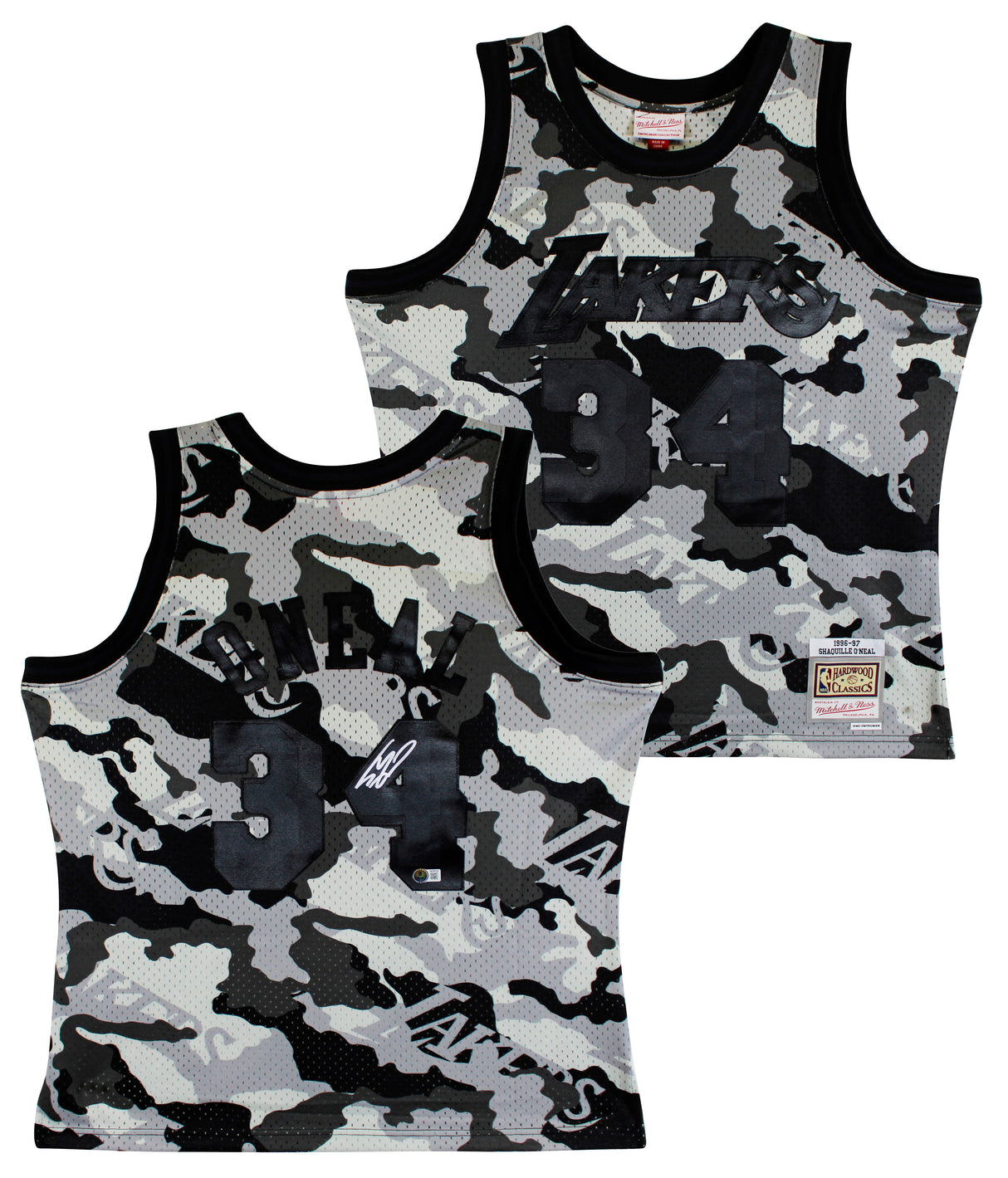 Lakers Shaquille O'Neal Signed Alt Camo M&N 1996-97 HWC Swingman Jersey BAS Wit