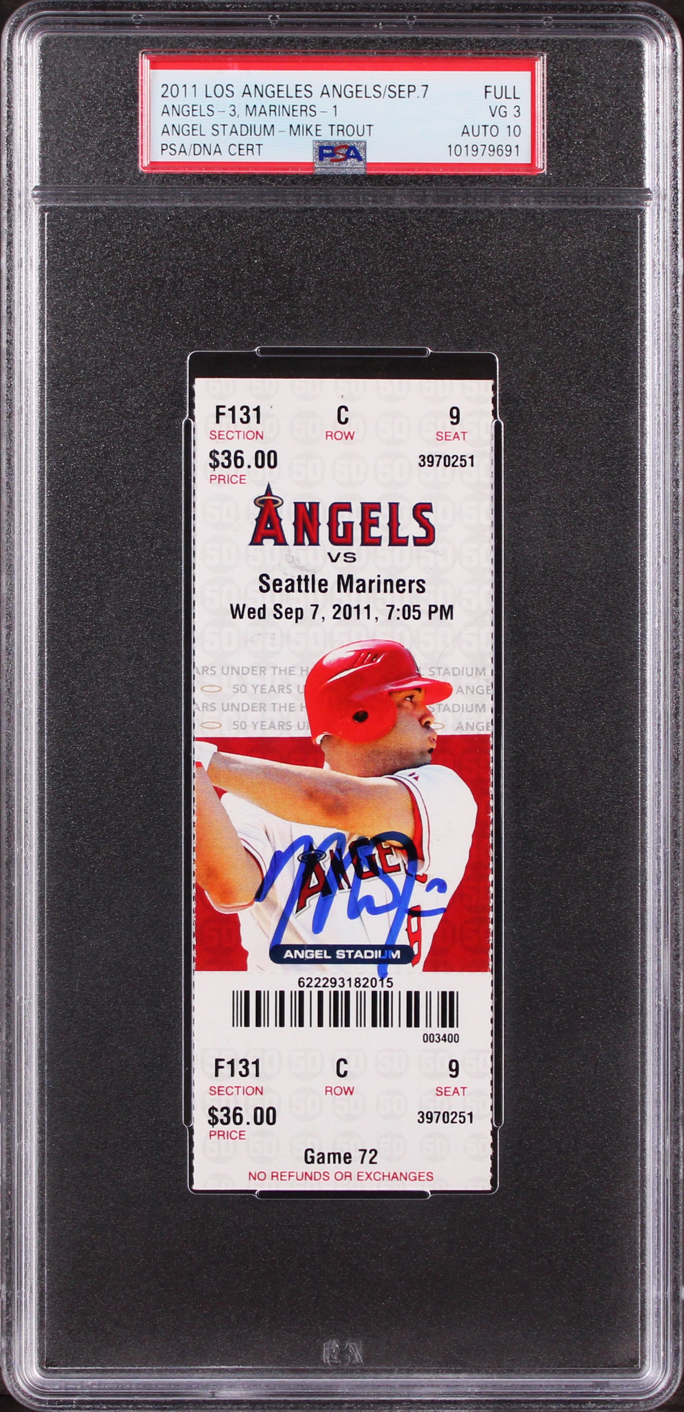 Mike Trout Signed Rookie Season Full Ticket Stub Graded VG 3 Auto 10! PSA Slab