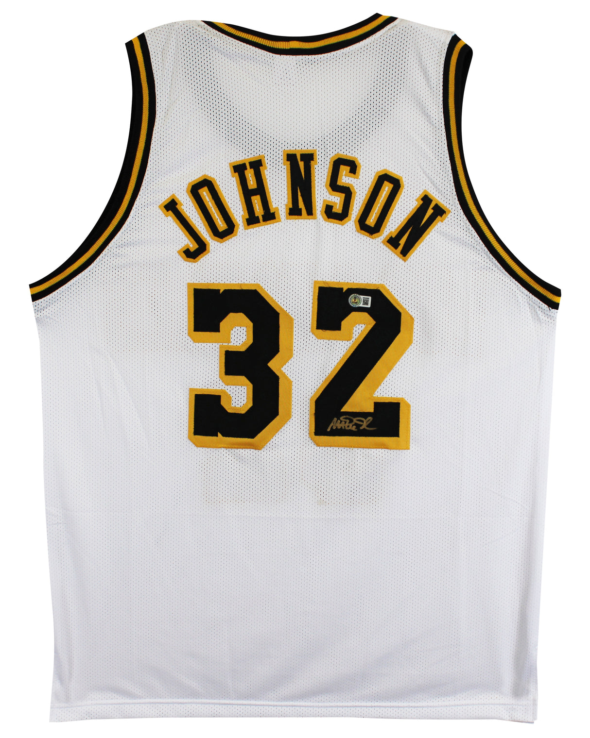 Magic Johnson Signed White Pro Style Jersey w/ Black Numbers BAS Witnessed 2