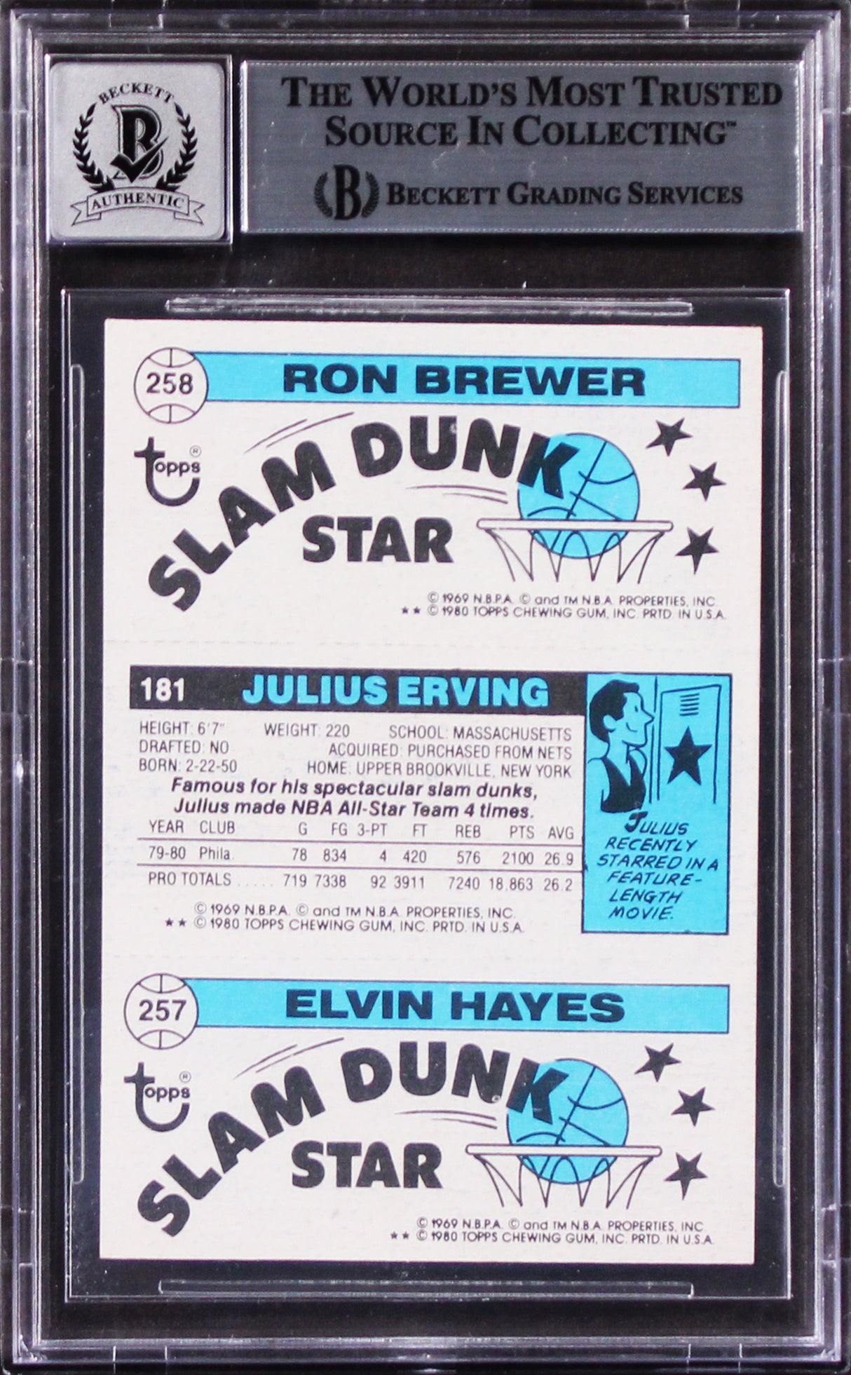 76ers Julius Erving Signed 1980 Topps #176 Card Auto Graded Mint 10! BAS Slabbed