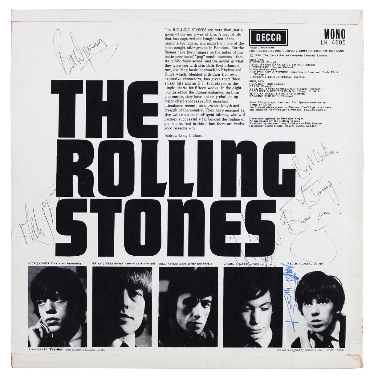 Rolling Stones (5) Jagger, Richards, Jones, Watts & Wyman Signed Album Cover BAS