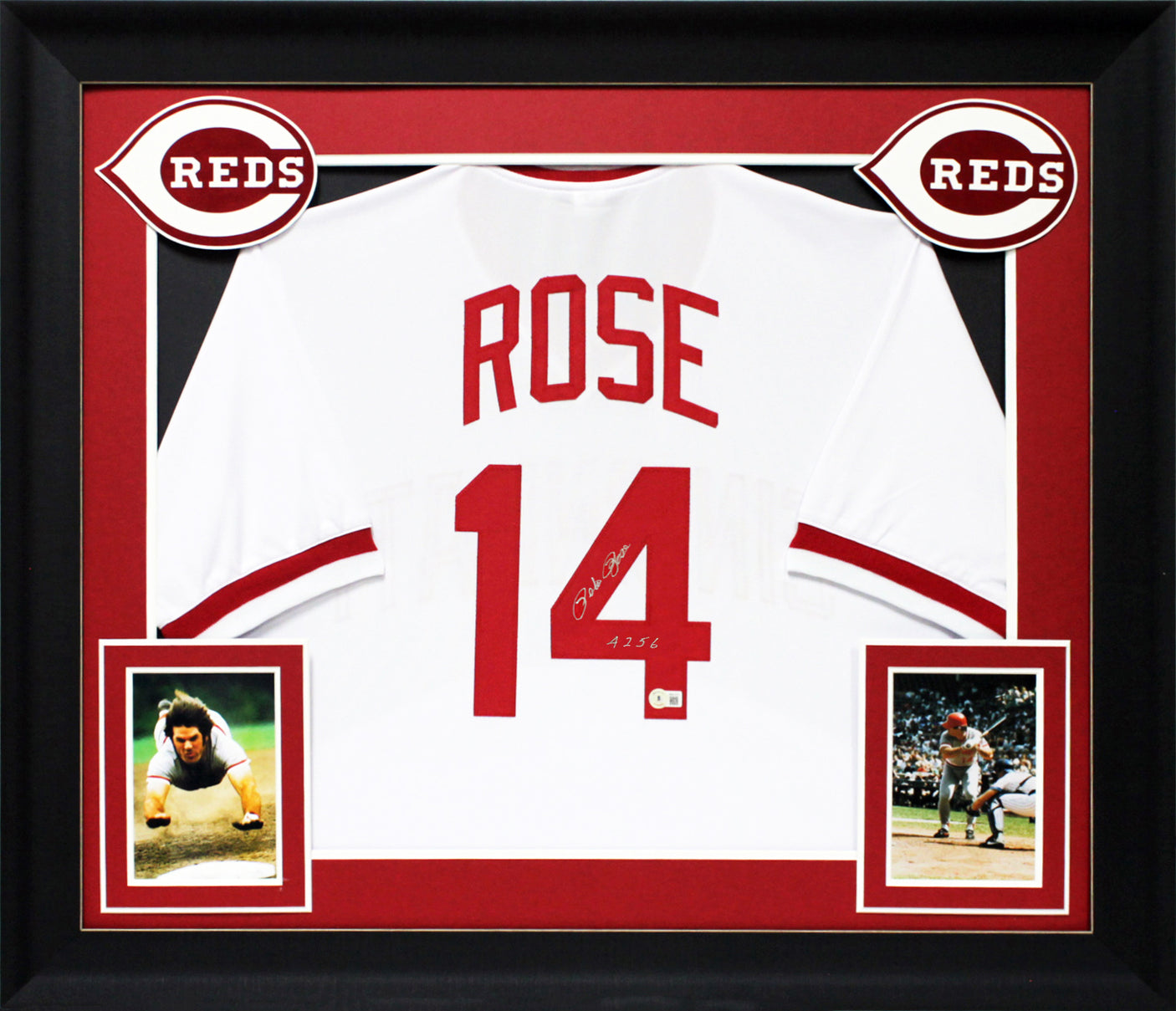 Reds Pete Rose "4256" Authentic Signed White Pro Style Framed Jersey BAS 5