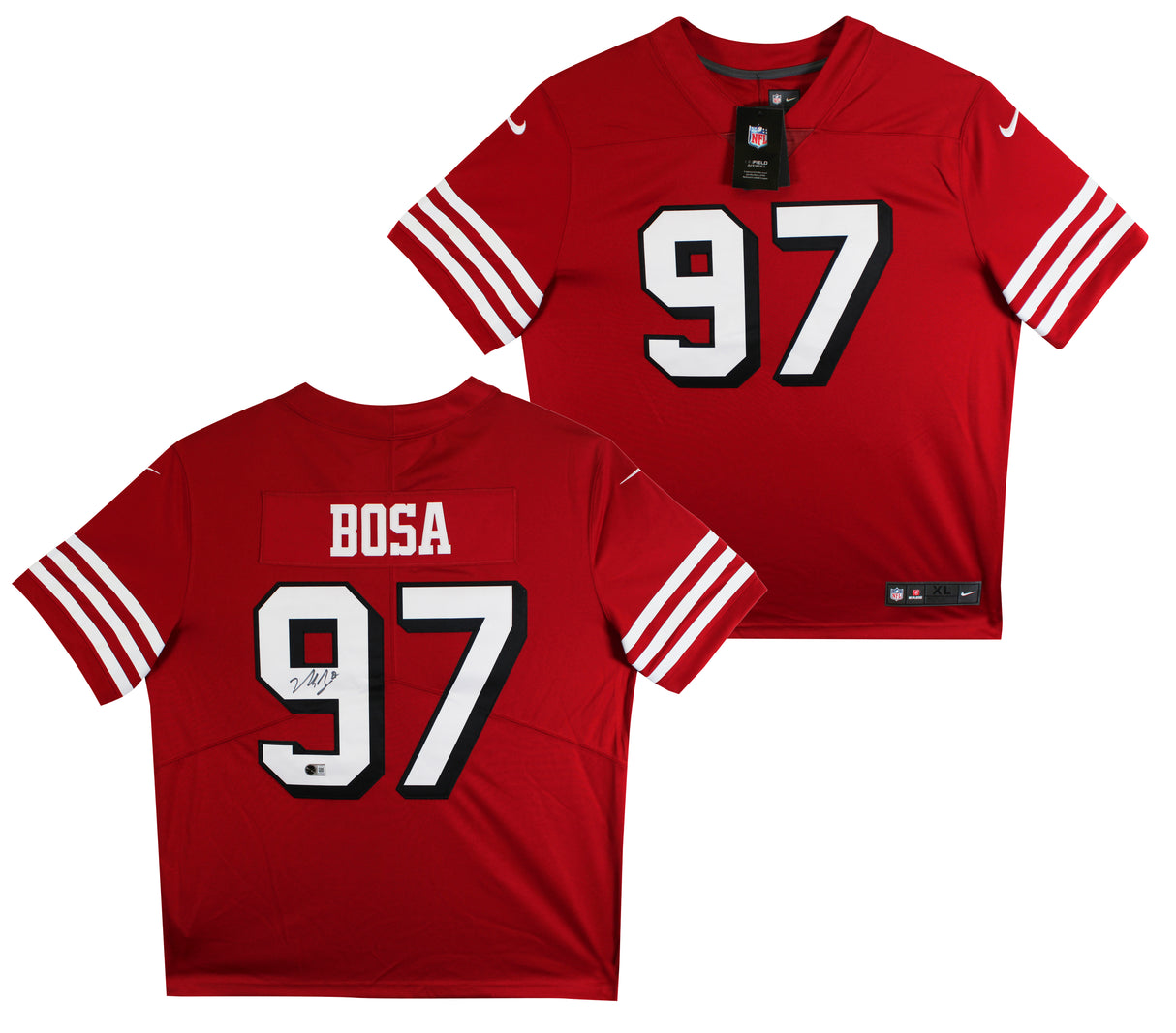 49ers Nick Bosa Signed Red Nike Elite Jersey w/ Dropshadow BAS Witnessed
