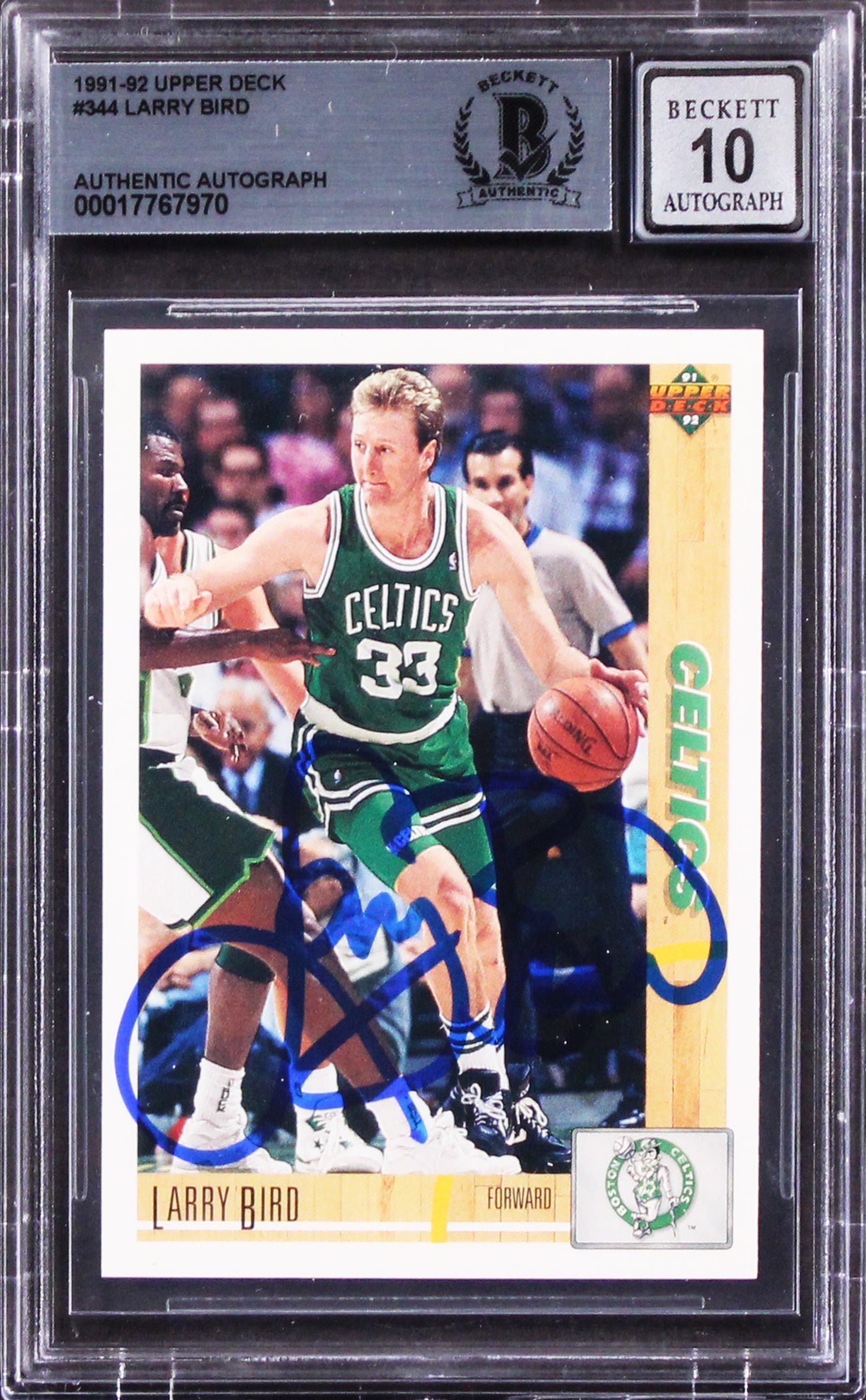 Celtics Larry Bird Signed 1991 Upper Deck #344 Card Auto Graded 10! BAS Slabbed