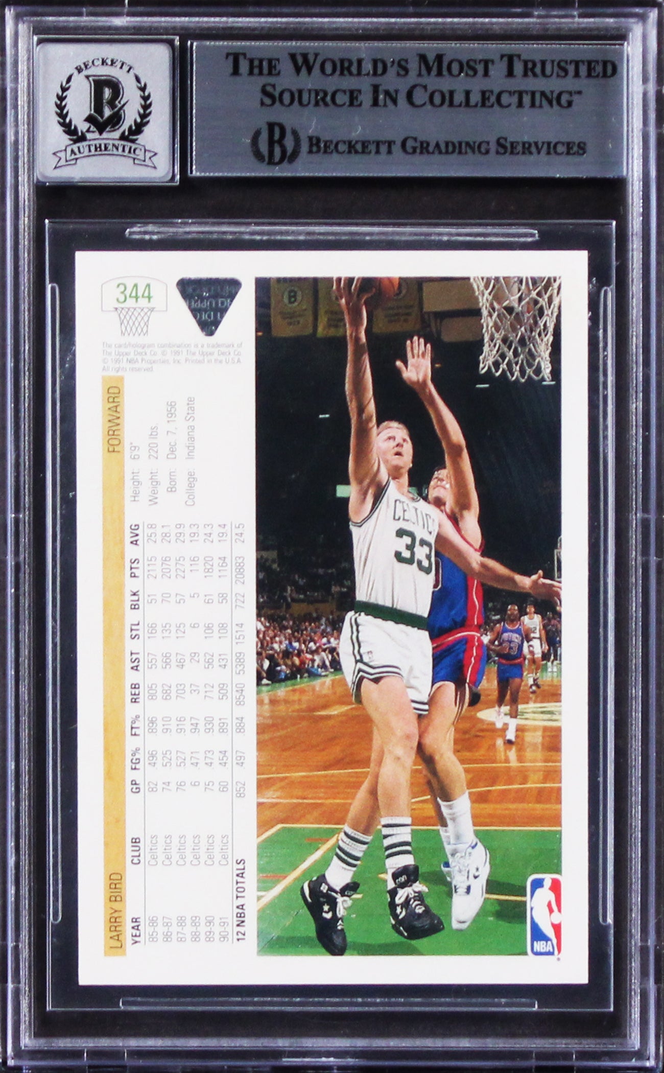 Celtics Larry Bird Signed 1991 Upper Deck #344 Card Auto Graded 10! BAS Slabbed