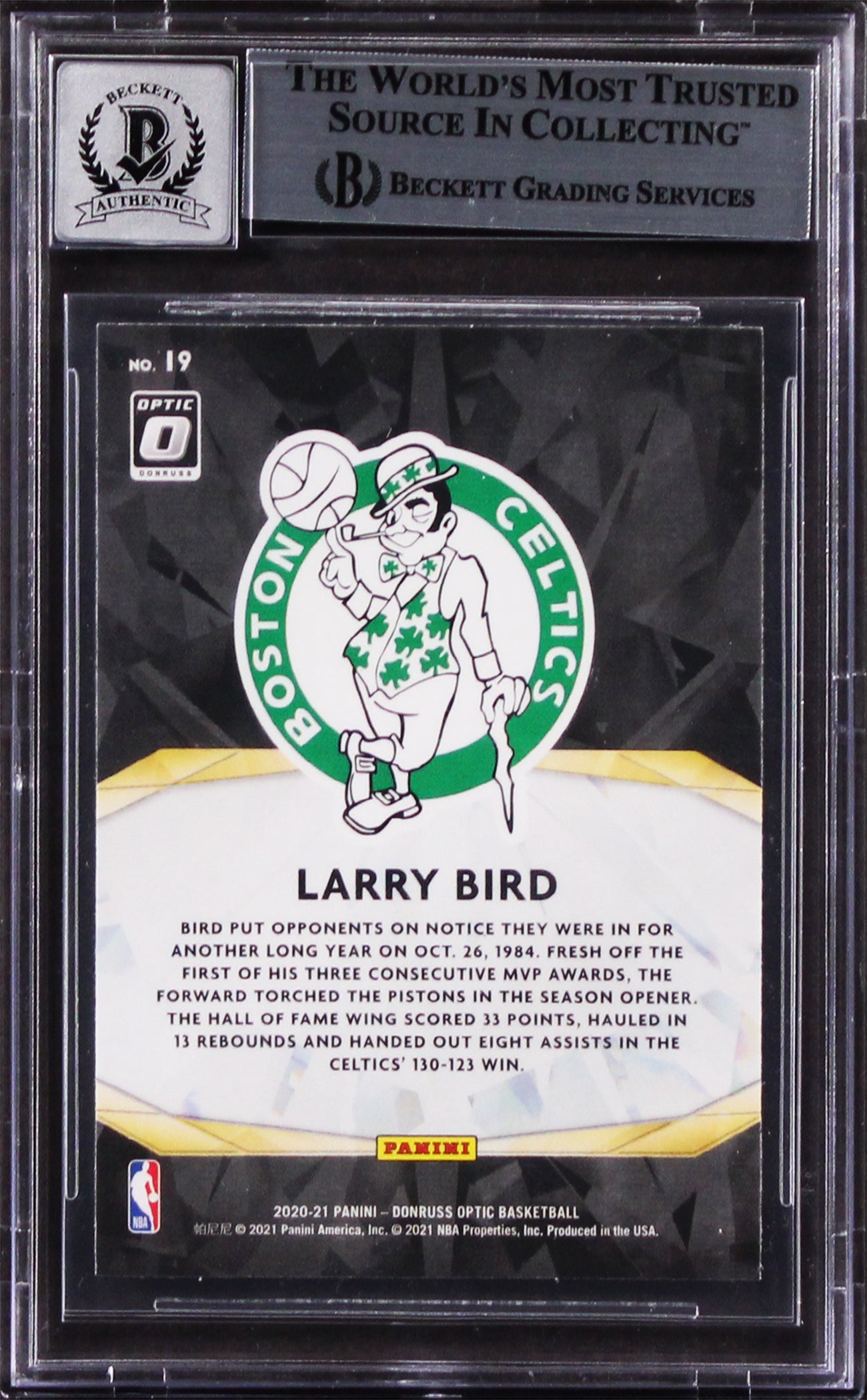 Celtics Larry Bird Signed 2020 Donruss Optic Winner Stays #19 Auto 10 BAS Slab