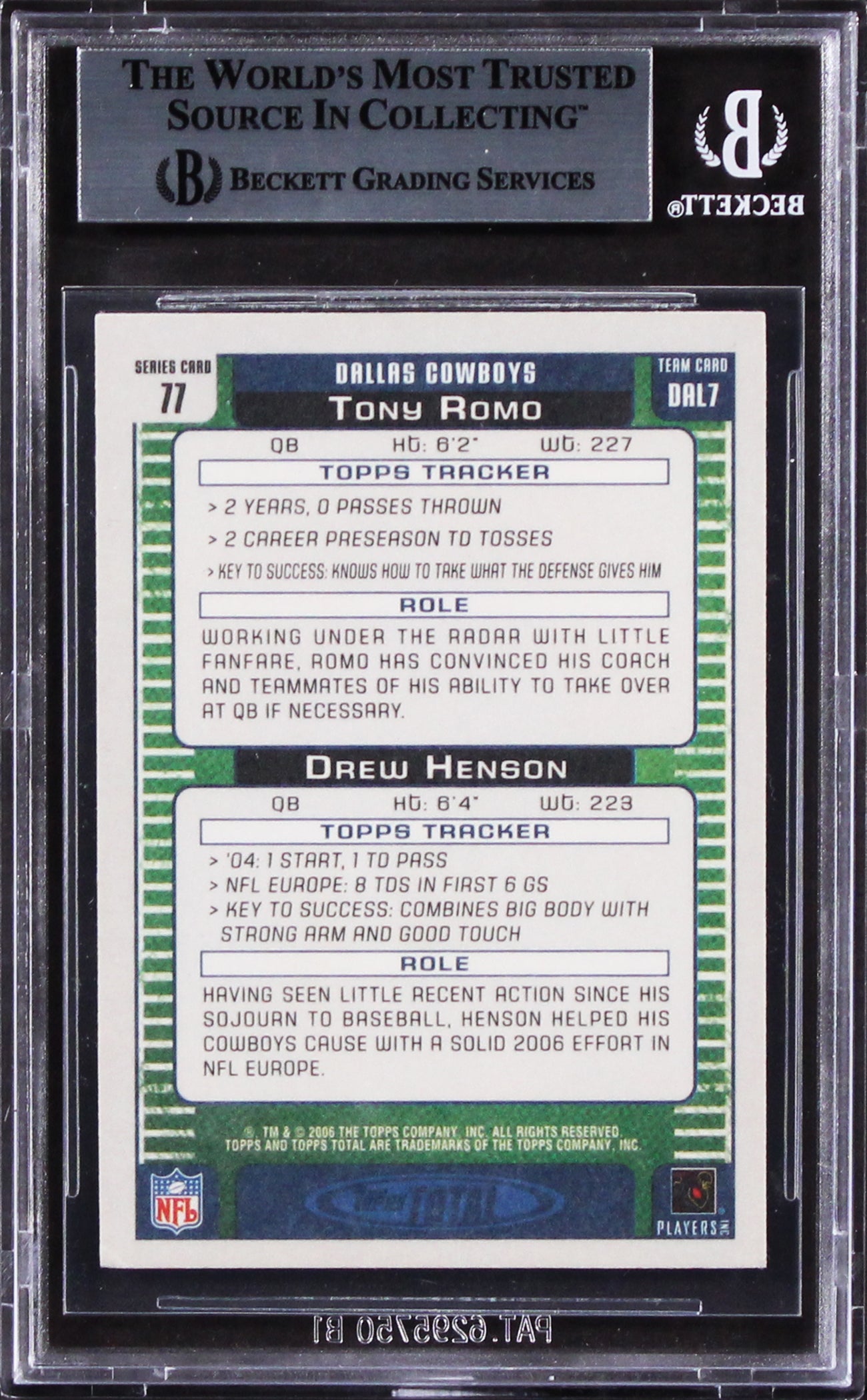 Cowboys Tony Romo & Drew Henson Signed 2006 Topps Total #77 Card BAS Slabbed
