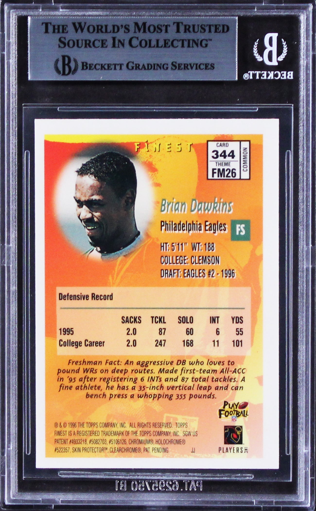 Eagles Brian Dawkins Authentic Signed 1996 Finest #344 Rookie Card BAS Slabbed