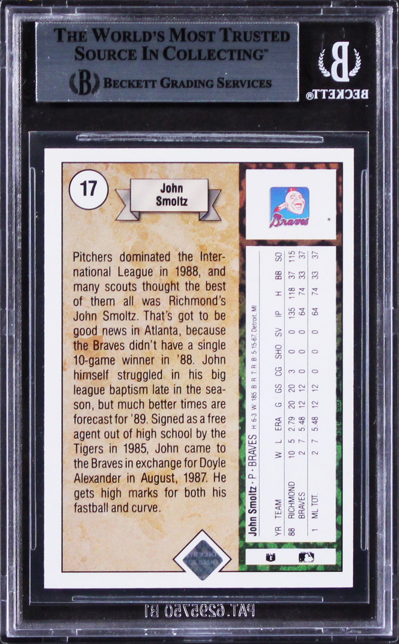 Braves John Smoltz Authentic Signed 1989 Upper Deck #17 Rookie Card BAS Slabbed