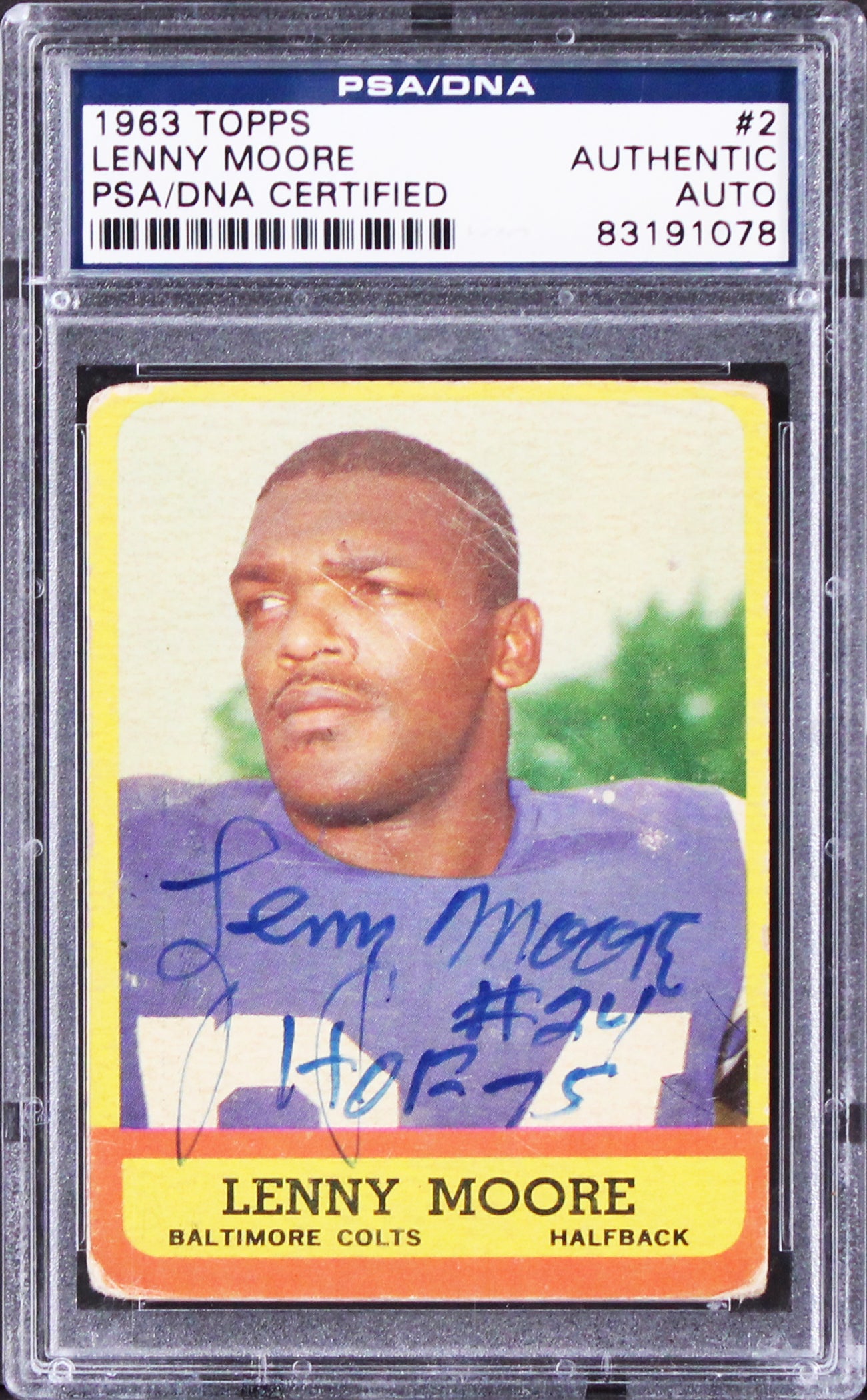 Colts Lenny Moore Authentic Signed 1963 Topps #2 Card PSA/DNA Slabbed