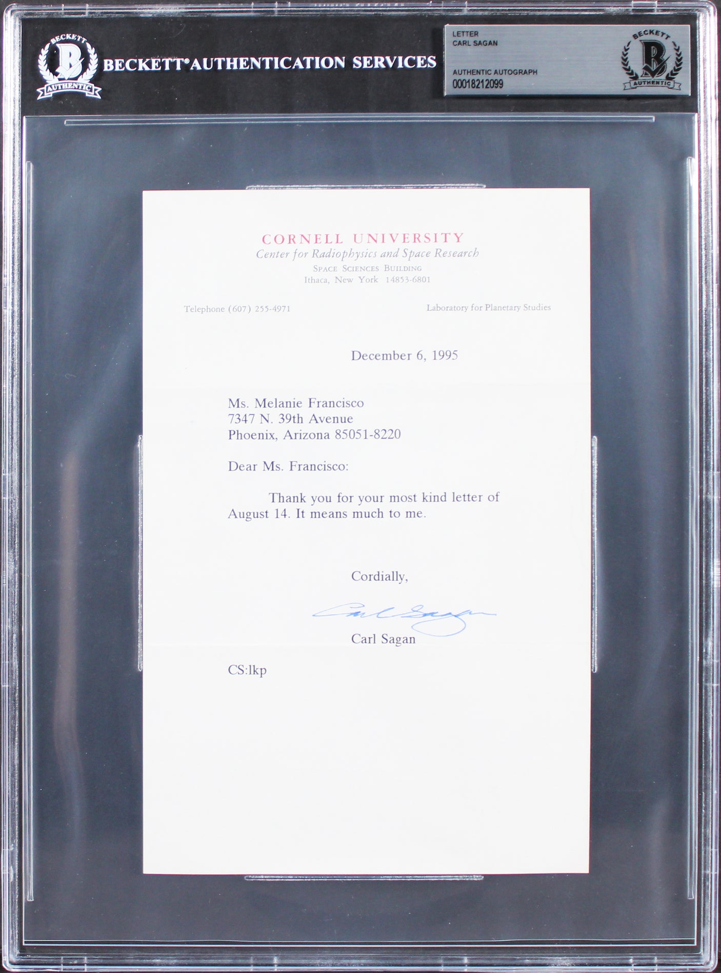Carl Sagan Scientist Authentic Signed 5.5x8.5 Letter Dated 12/6/1995 BAS Slabbed