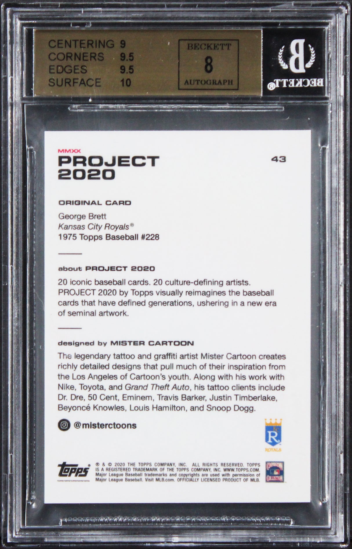 Royals George Brett Signed Topps Project 2020 #43 Card 9.5, Auto 8! BAS Slabbed