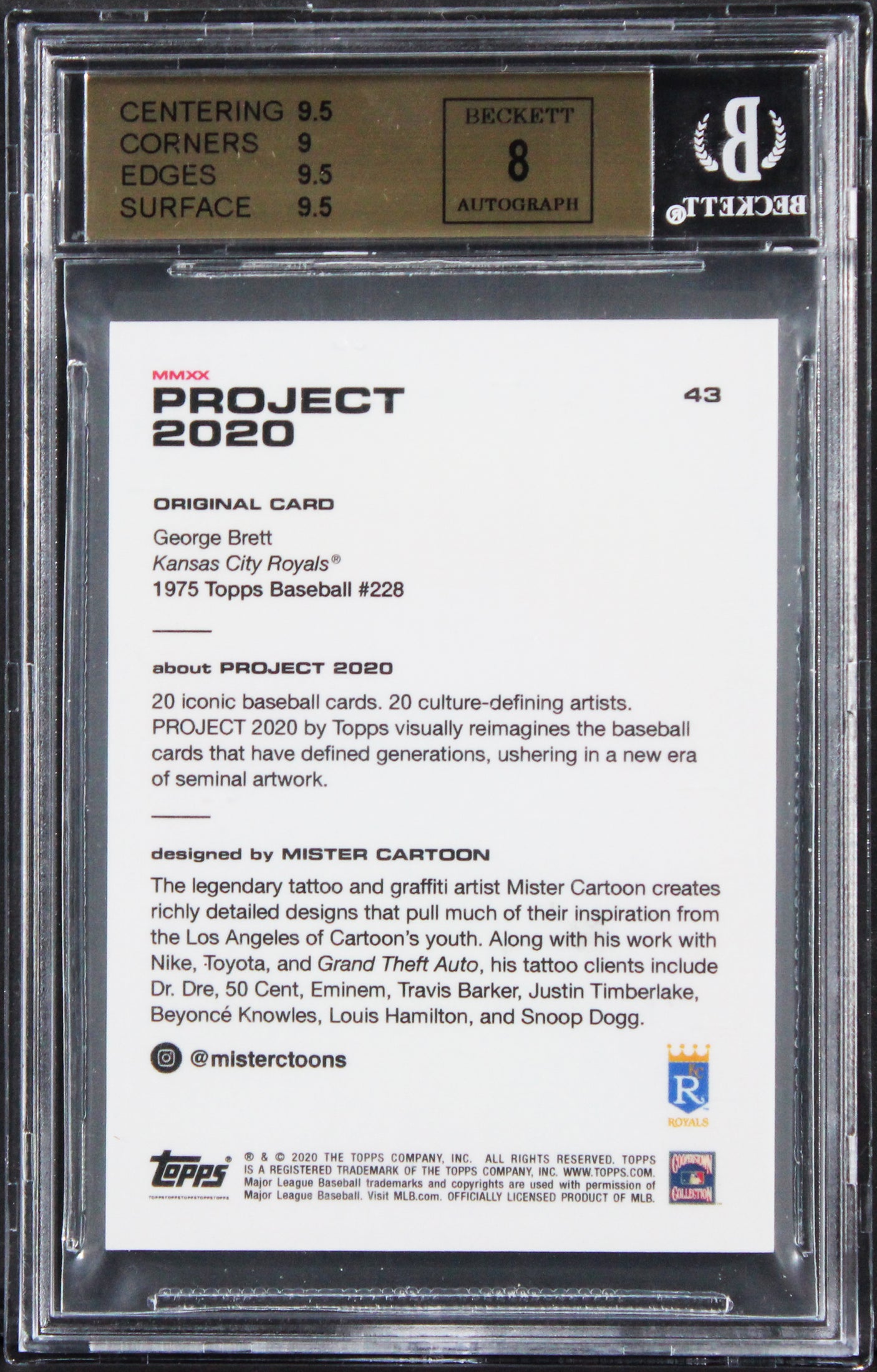 Royals George Brett Signed Topps Project 2020 #43 Card 9.5, Auto 8! BAS Slabbed